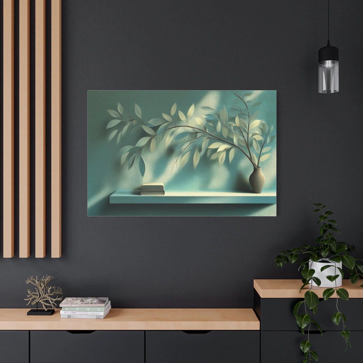 Tableau Salon Vert Sauge - Étagère de Lumière — Art Virtuoso