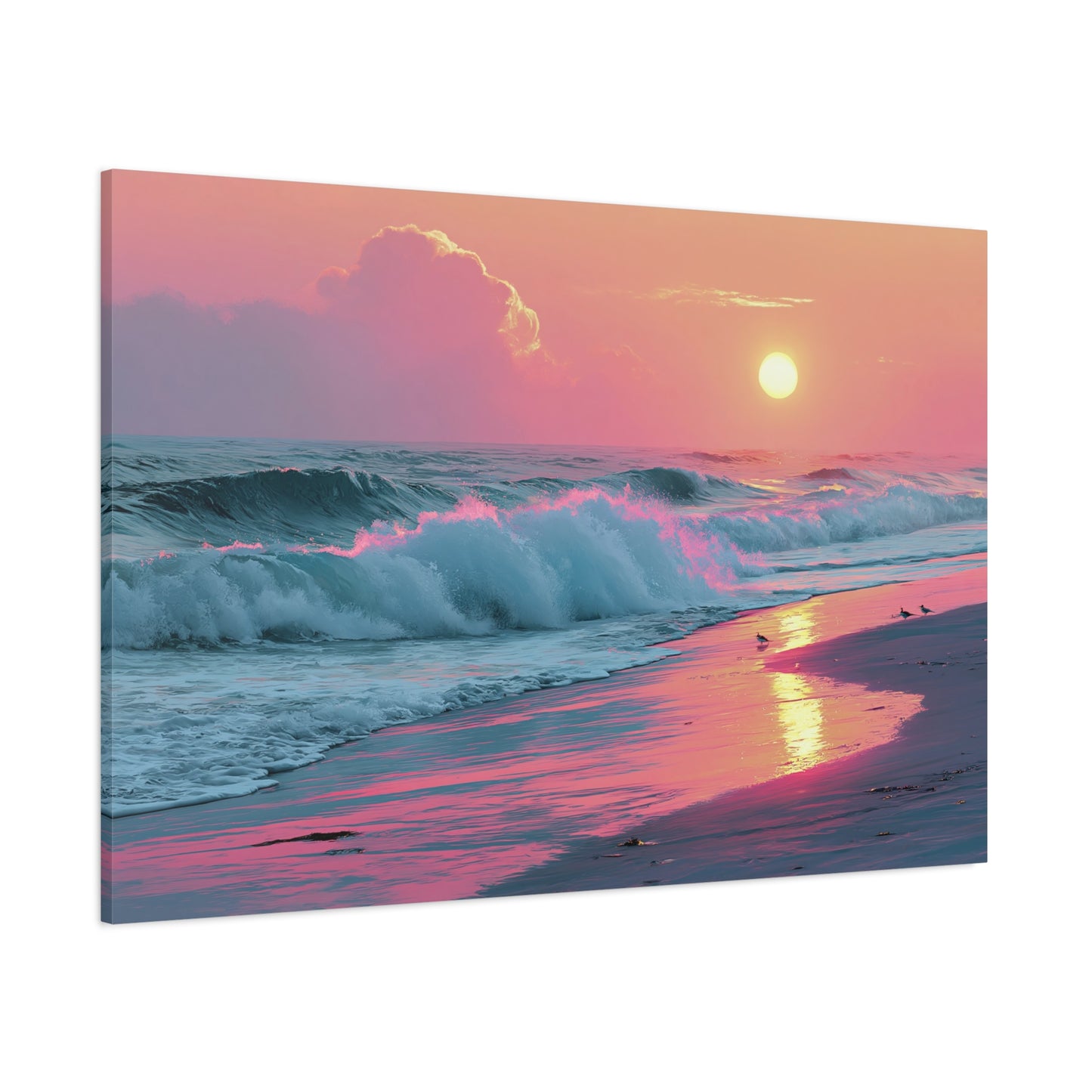 Plage au coucher de soleil pastel avec vague ecume rose et reflet dore - Art Virtuoso - vue 18/20