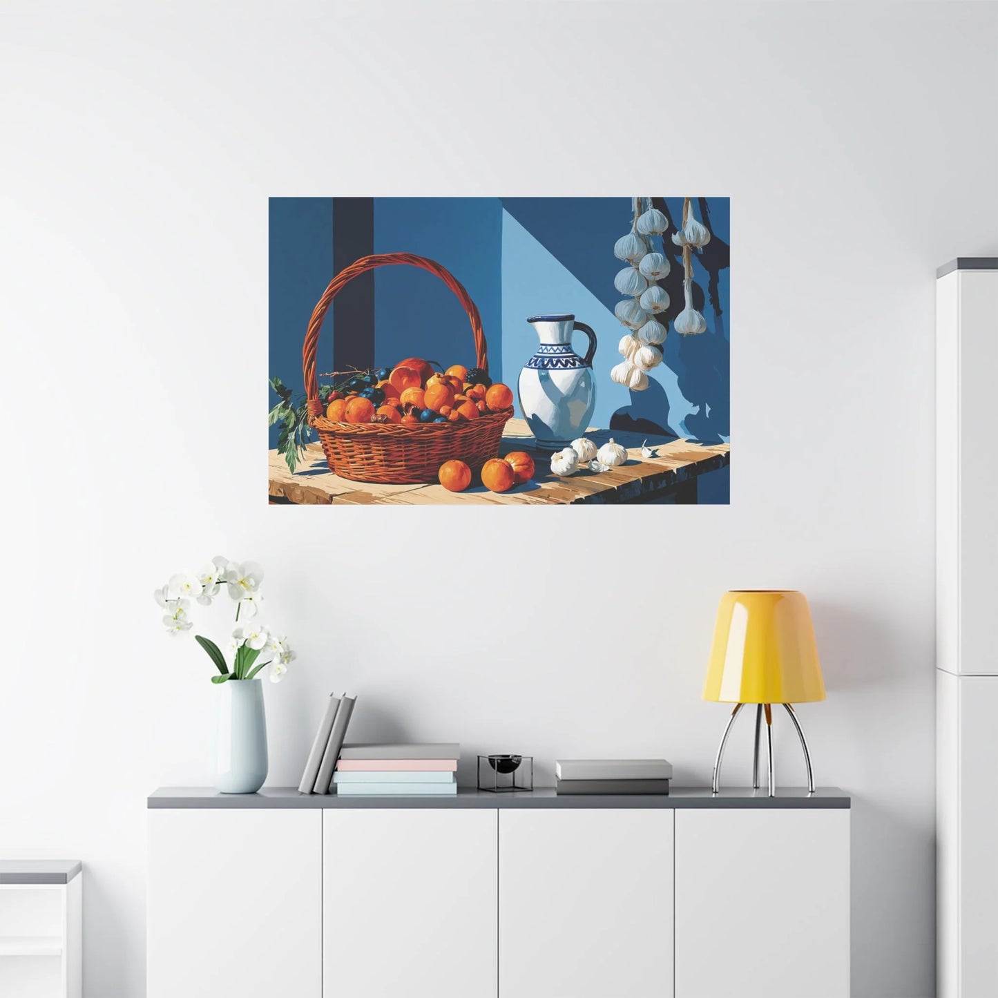 Tableau Nature Morte Panier Fruits et Tête de Mouton - Rusticité Ancienne - vue mur grande hauteur