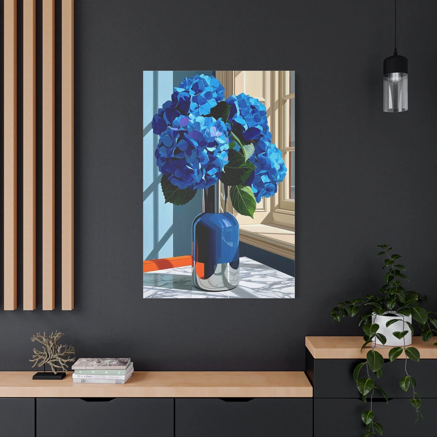 Tableau Nature Morte Hortensias Bleus Marbre - Fraîcheur Florale - mise en scène impact maximal