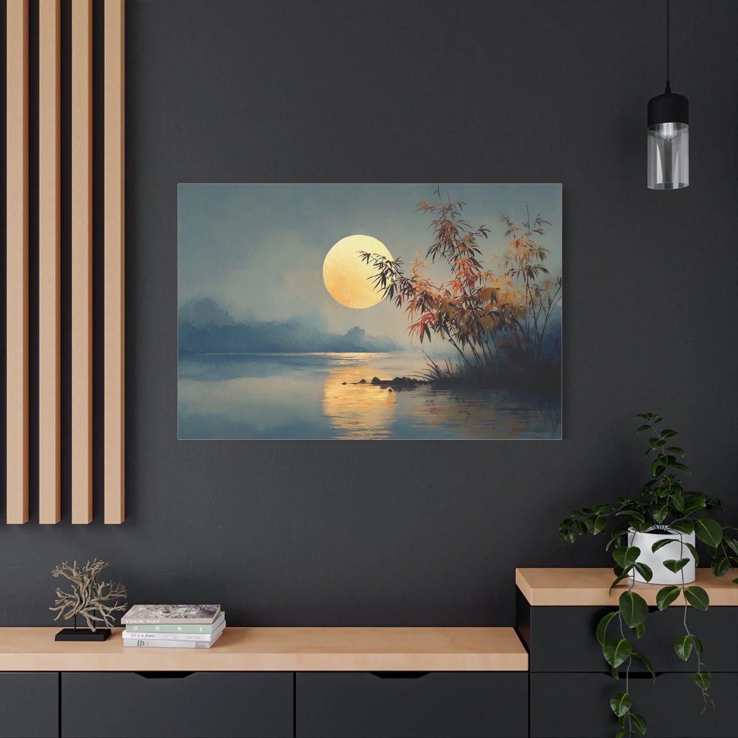 Tableau Lune sur Lac Zen - Pleine Lune Dorée — Art Virtuoso