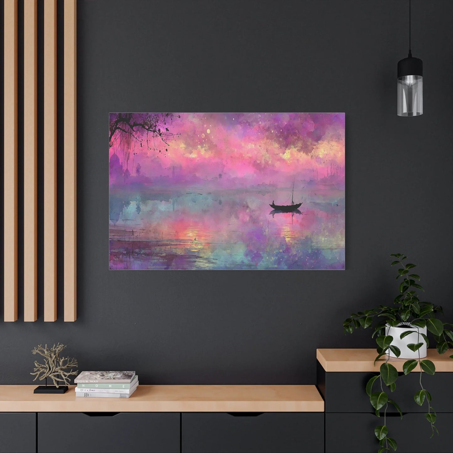 Tableau Crépuscule Violet - Barque dans le Couchant — Art Virtuoso