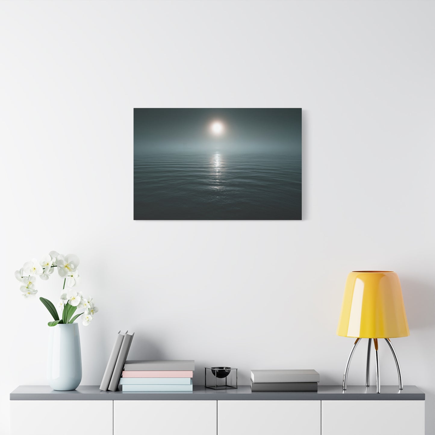 Mer calme brumeuse avec soleil pale et petit voilier a l horizon - Art Virtuoso - vue 13/20