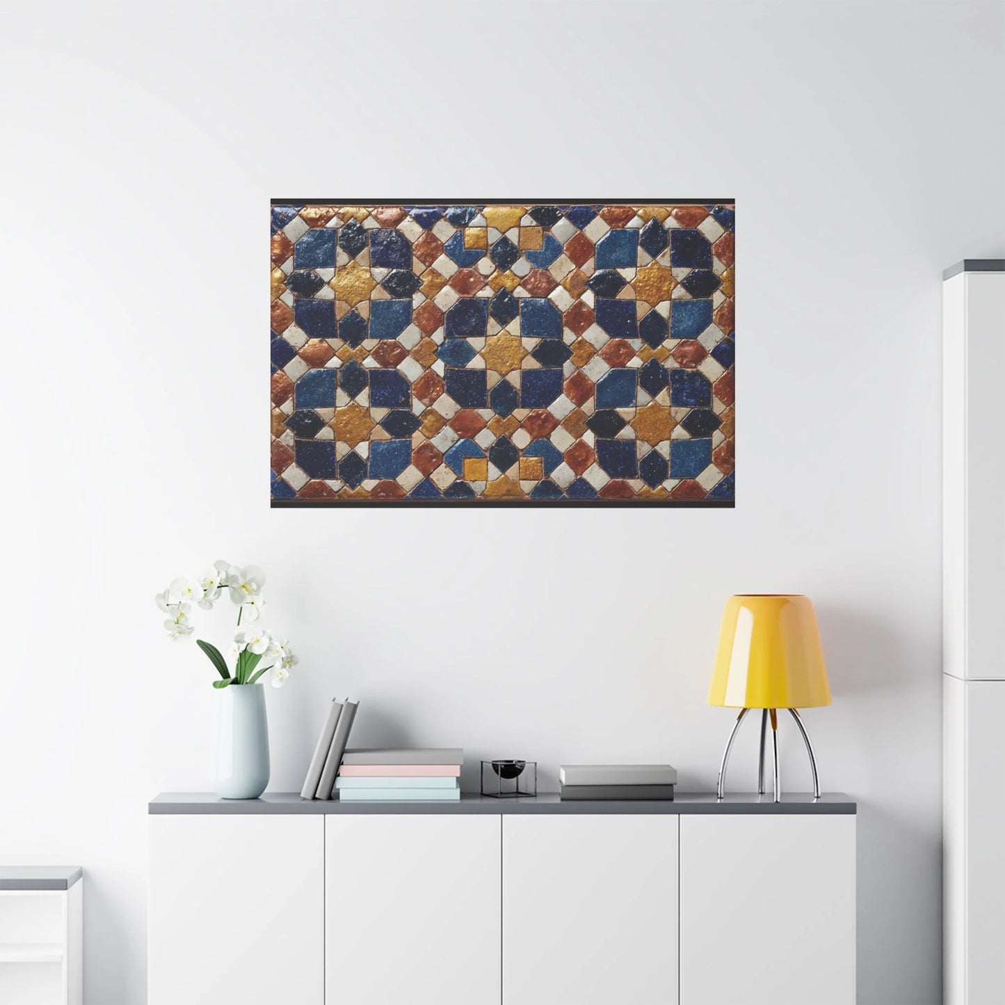 Tableau en Mosaïque Alhambra Bleu - Jardin de Zellige - vue mur grande hauteur
