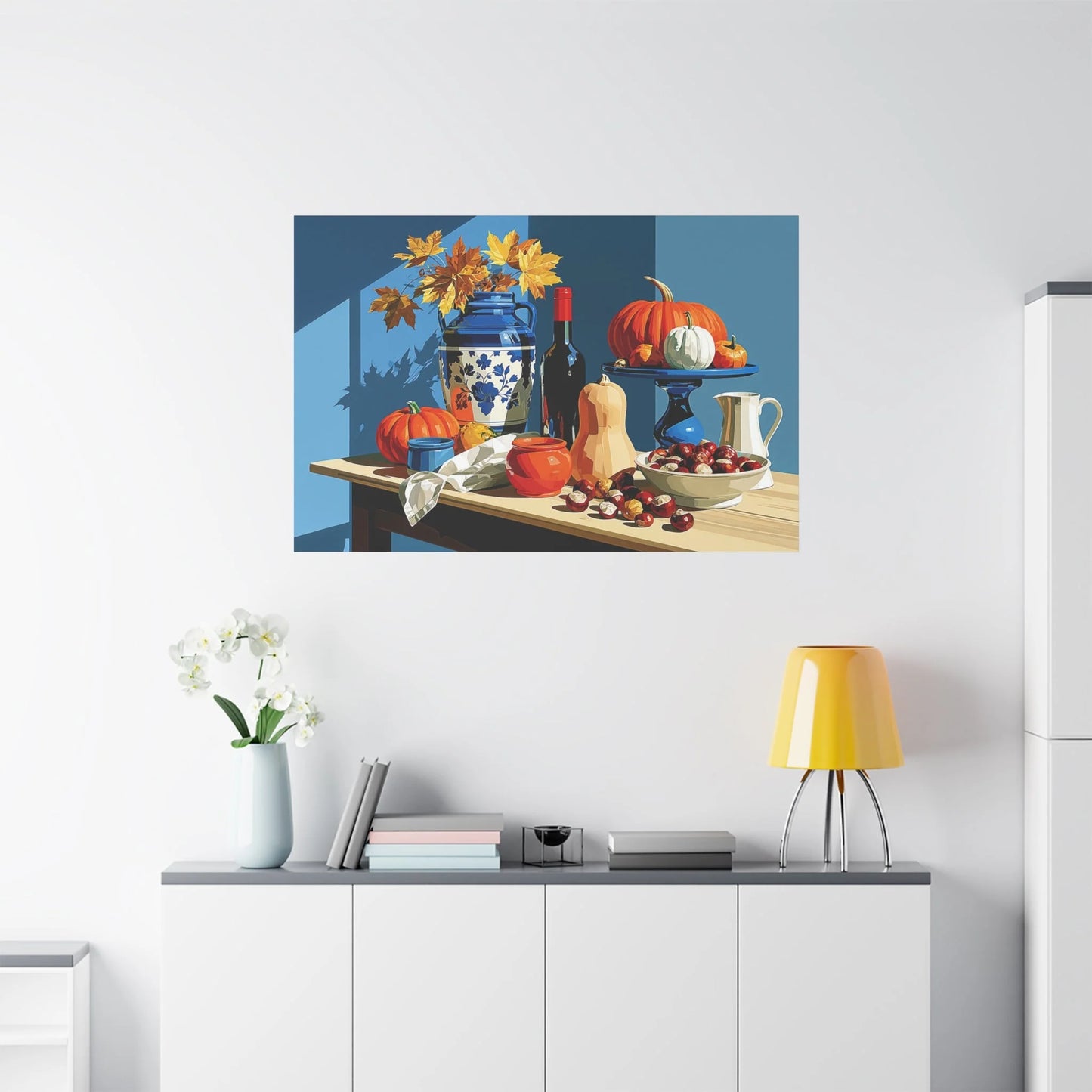 Tableau Nature Morte Automne Courges Châtaignes - Récolte Ambrée - vue mur grande hauteur
