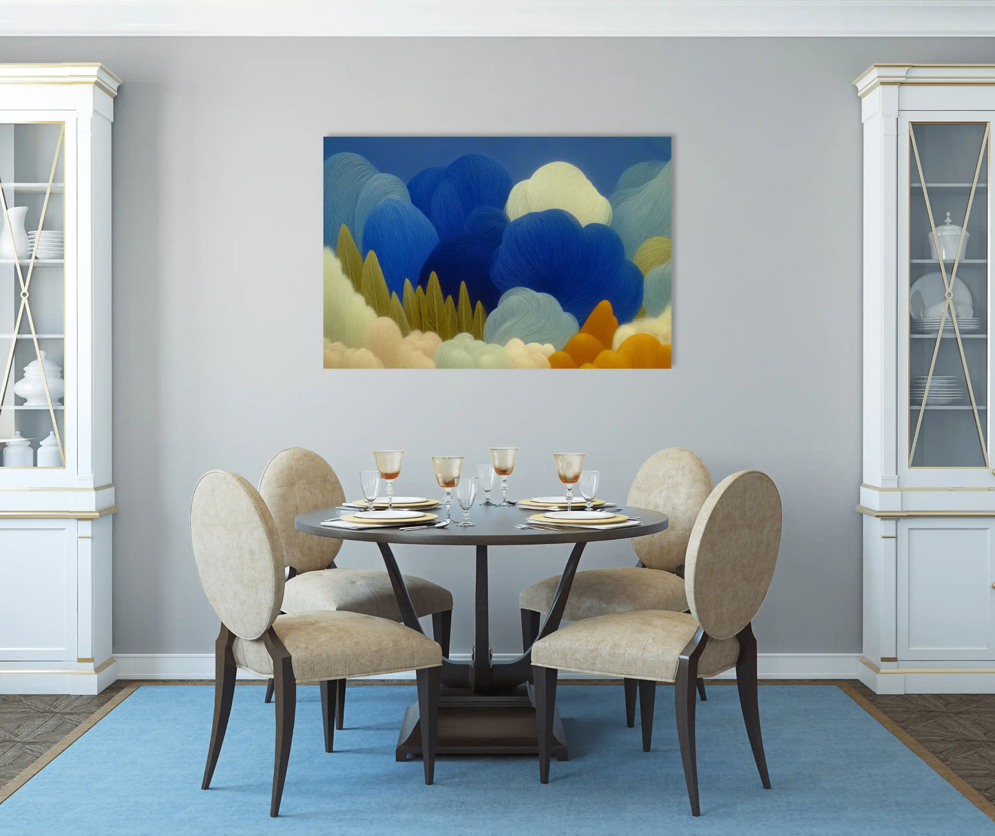 Composition Nordique 3 – nuages filamenteux cobalt et bruyère dorée