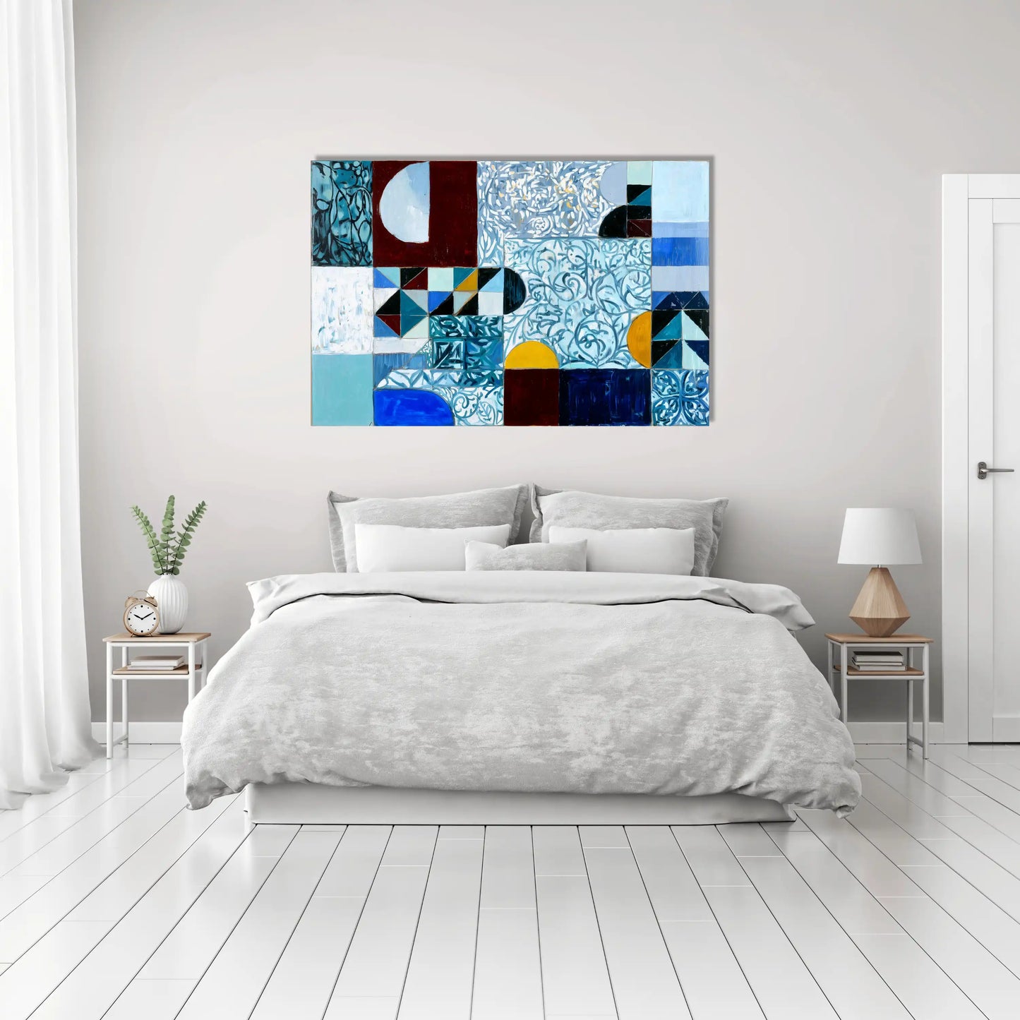 Toile Mosaïque nordique arabesque – carreaux d’azur et demi-lunes ocre