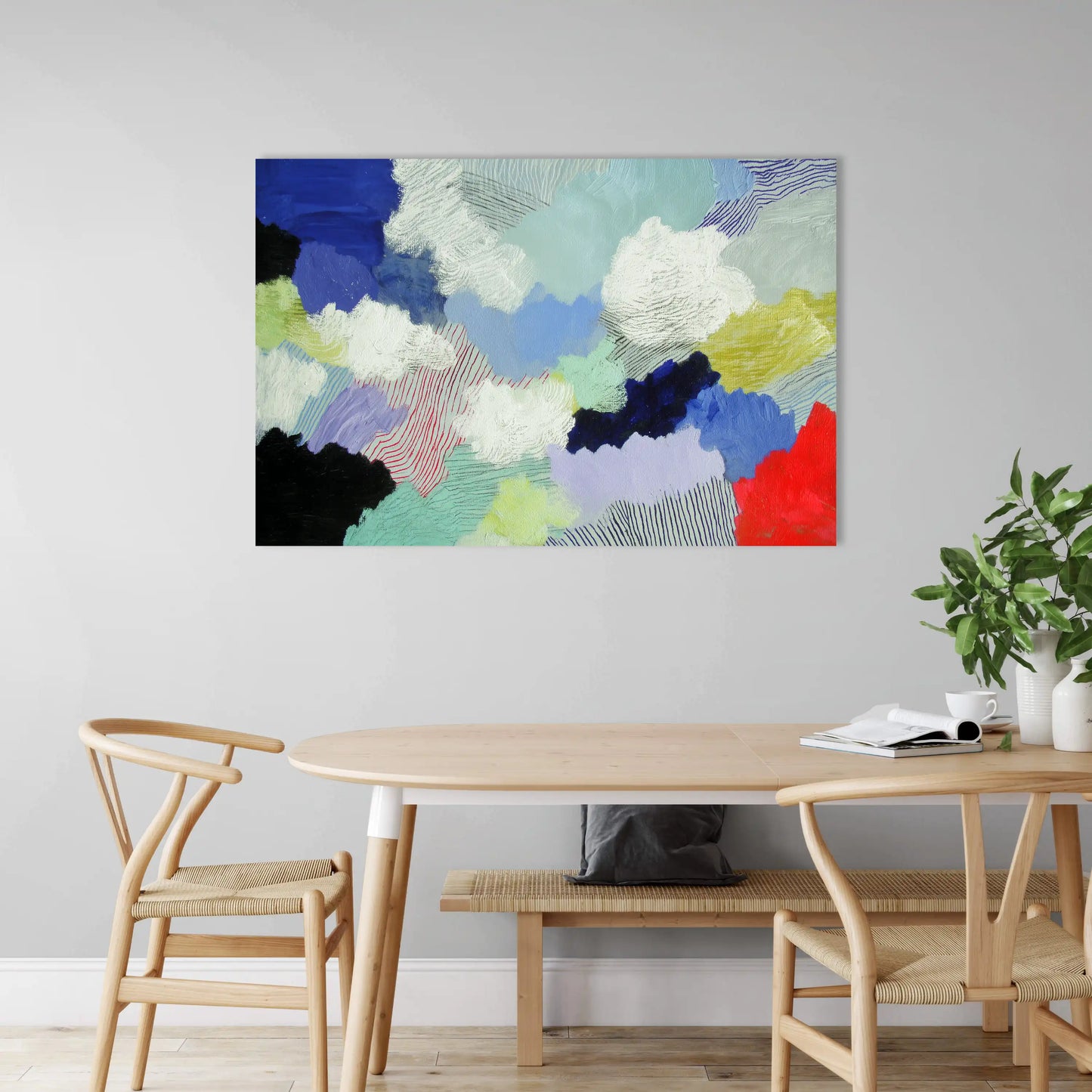Toile Nuée boréale abstraite – pastel irisé et rainures cobalt