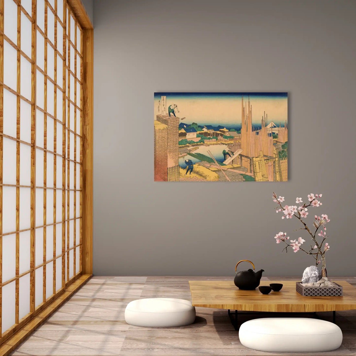 Tableau Hokusai - Parc a bois sur la rivière Tatekawa à Honjo