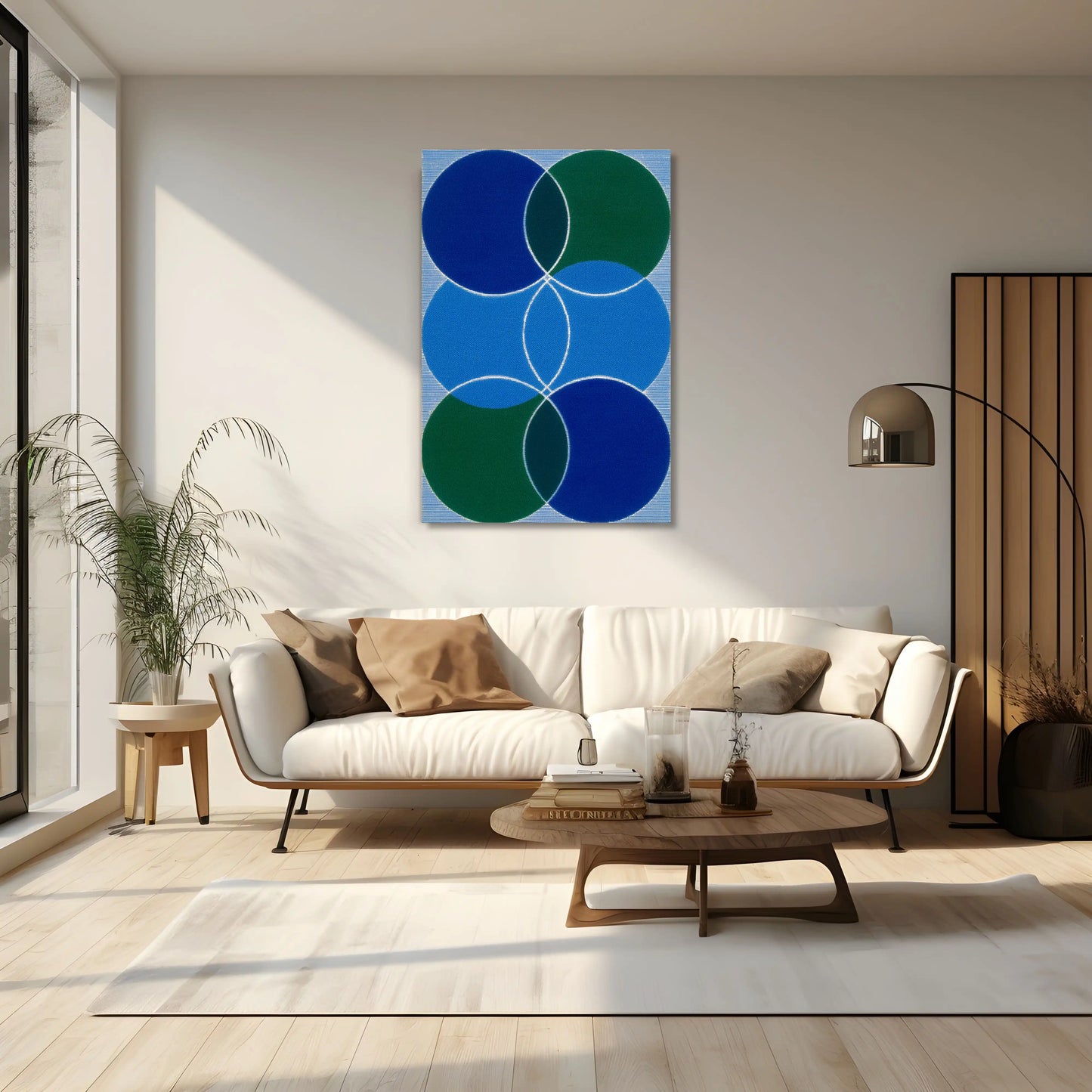 Peinture Minimaliste aux Cercles Entrelacés en Bleu et Vert