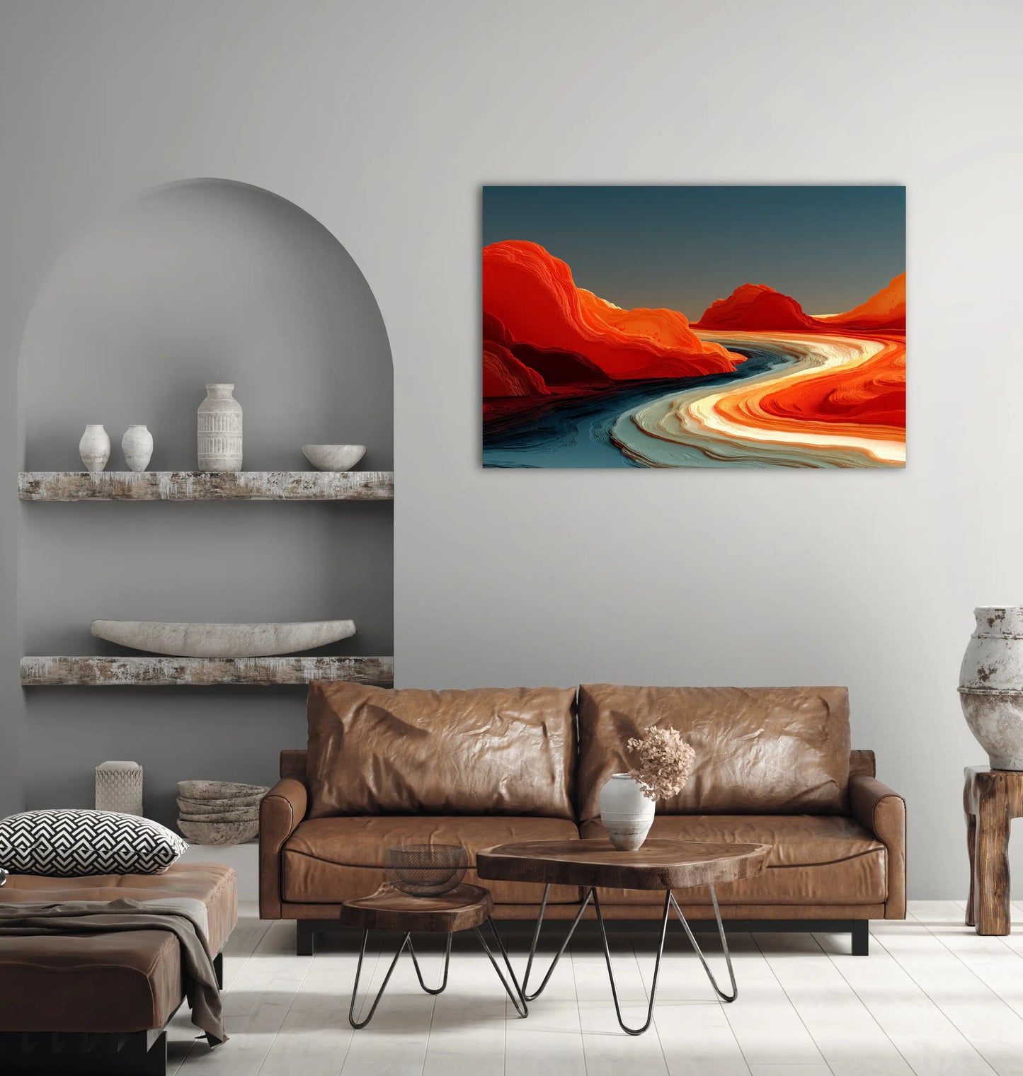 Tableau Abstrait Lignes Terre Cuite – Méandres flamboyants sous ciel cobalt
