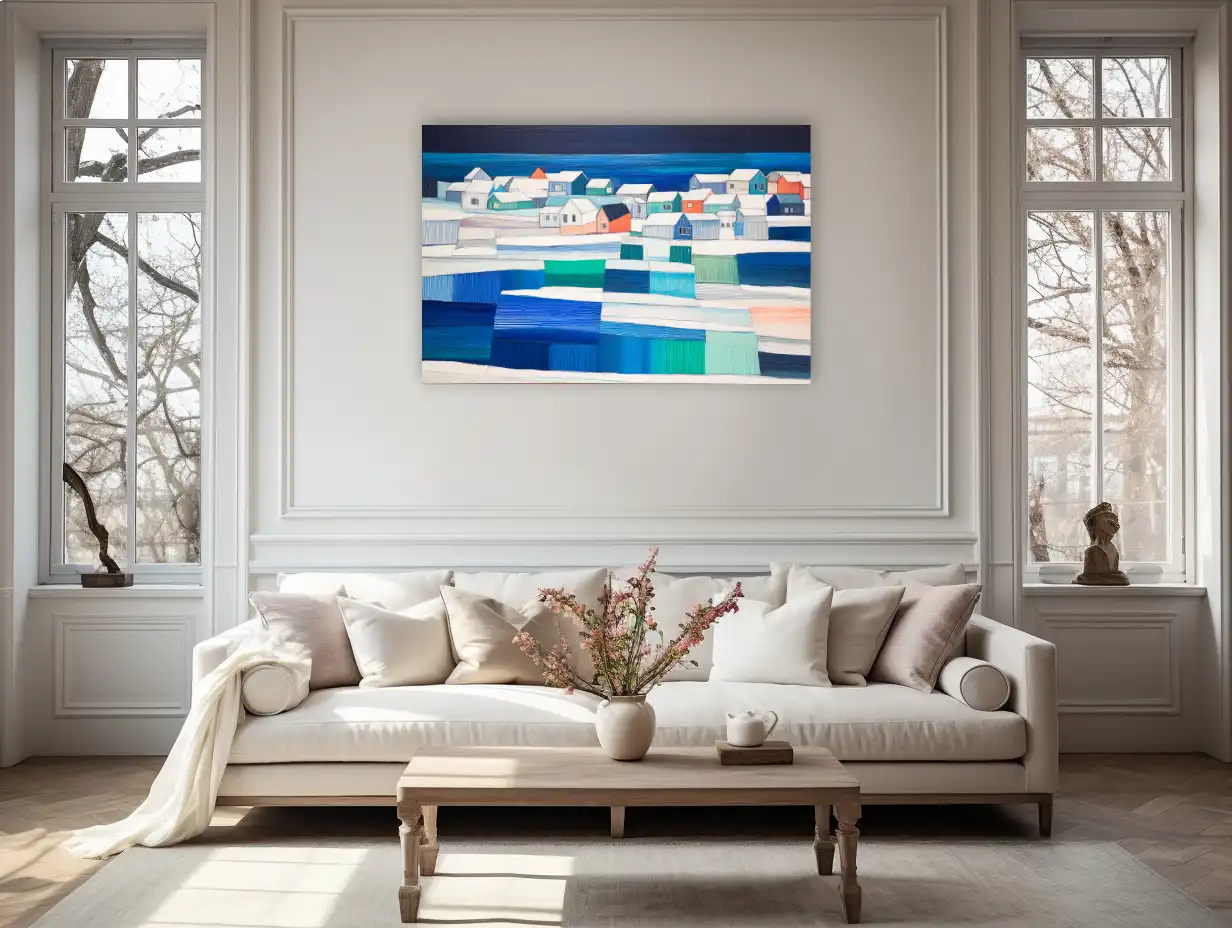 Graphic Scandinavian Town Wall Art – Cabins by the Fjord