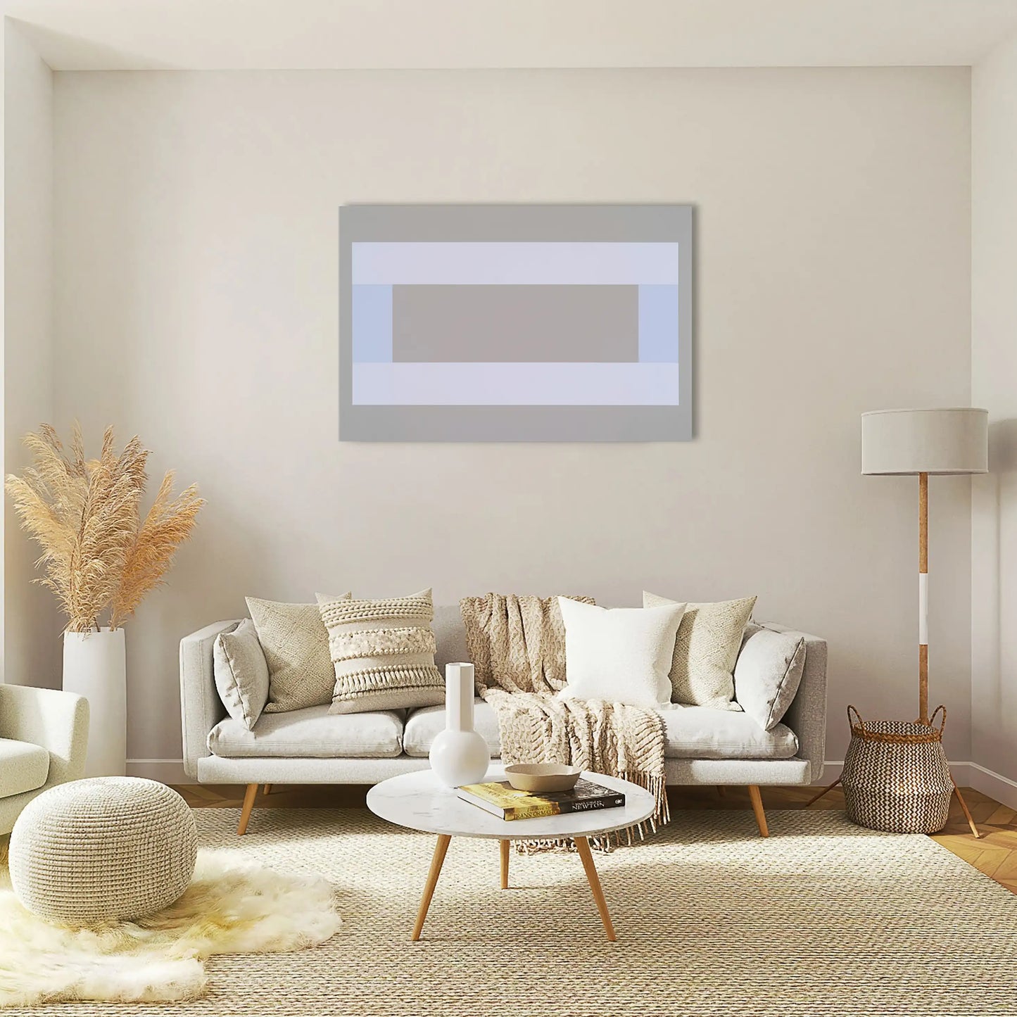 Tableau Minimaliste Géométrique en Gris et Blanc aux Bandes Bleutées