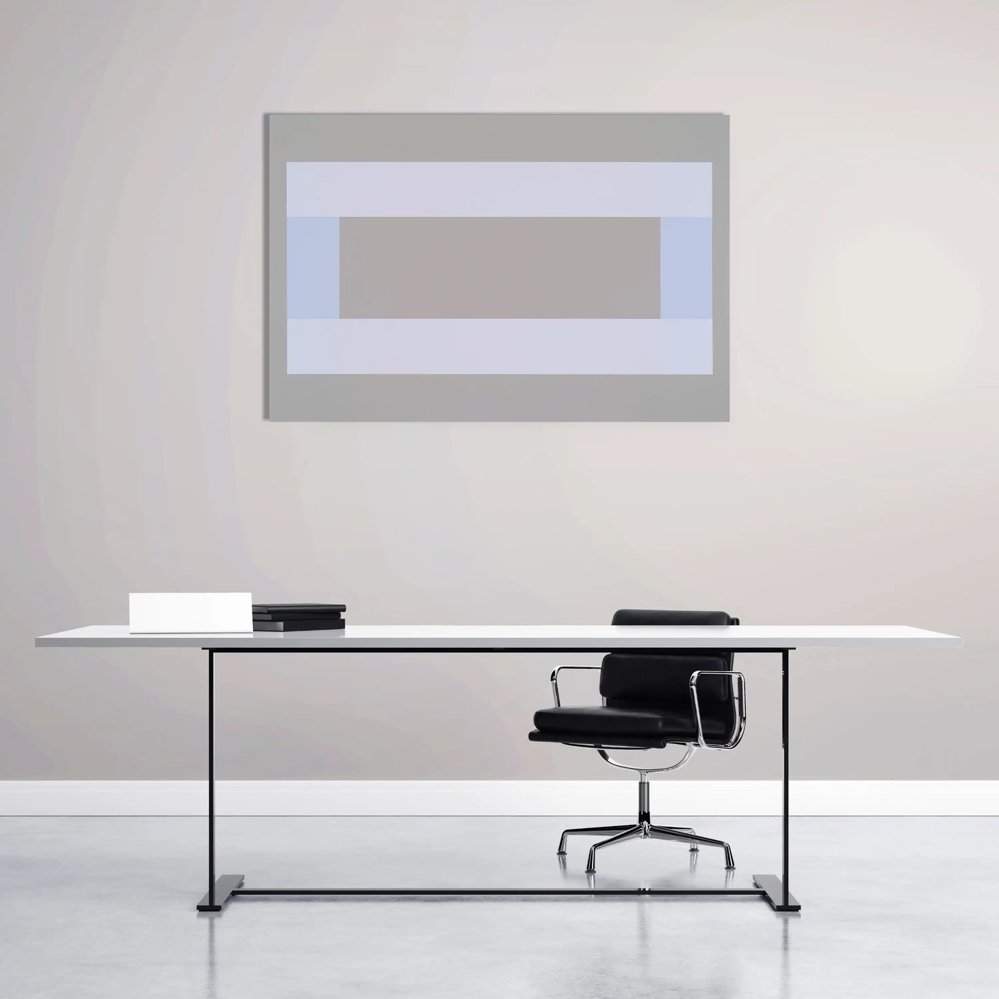 Tableau Minimaliste Géométrique en Gris et Blanc aux Bandes Bleutées