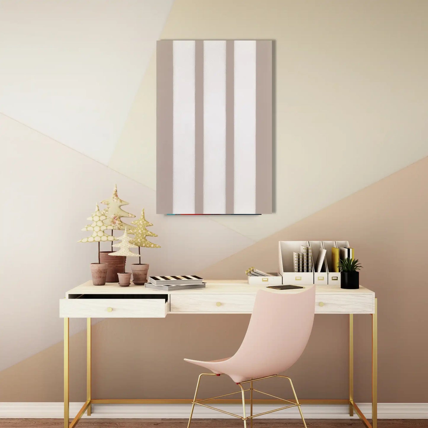 Tableau Minimaliste à Bandes Verticales 3 - Blanches et Beige Taupe