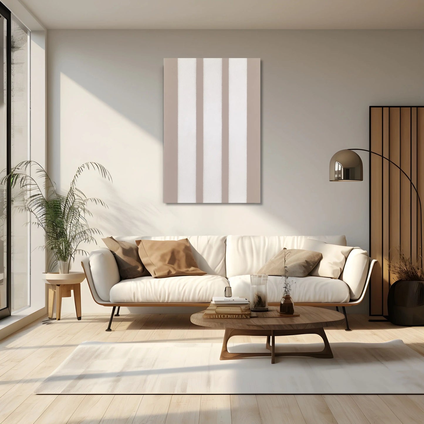 Tableau Minimaliste à Bandes Verticales 3 - Blanches et Beige Taupe