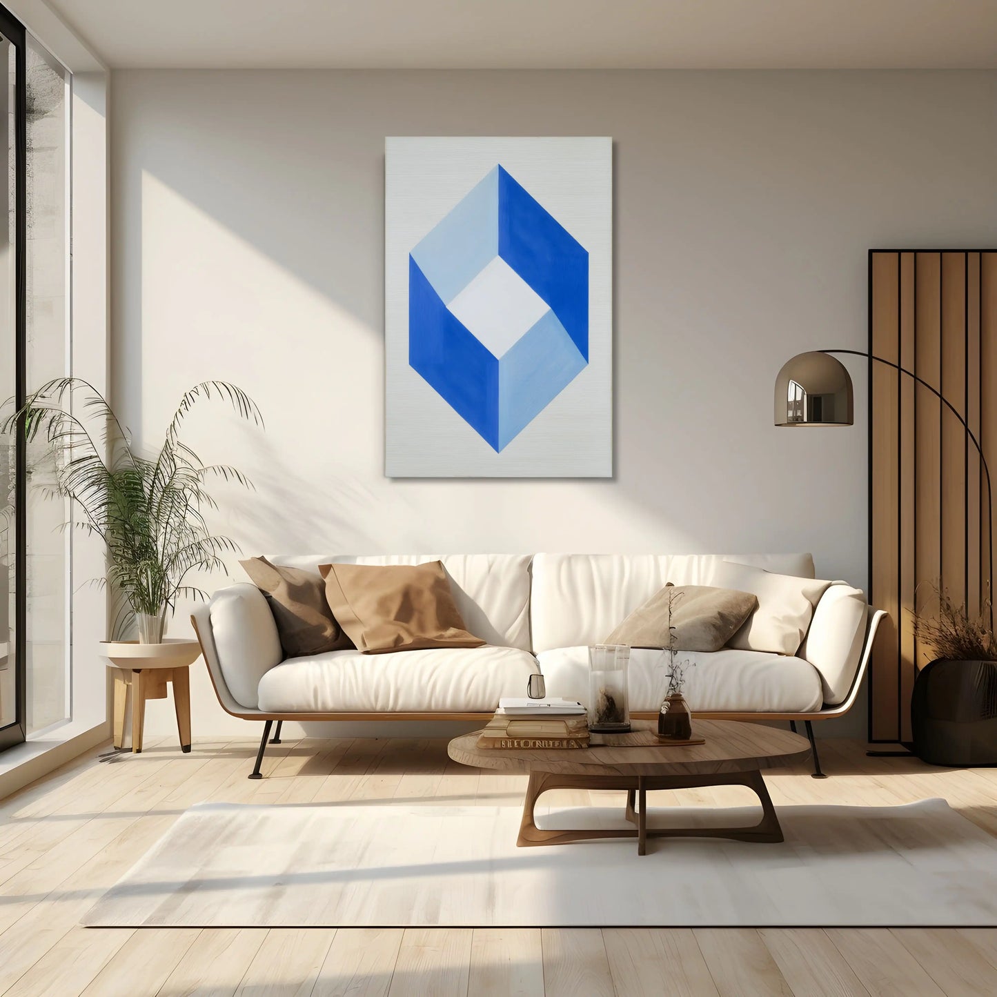 Tableau Minimaliste au Cube Géométrique en Bleu et Blanc