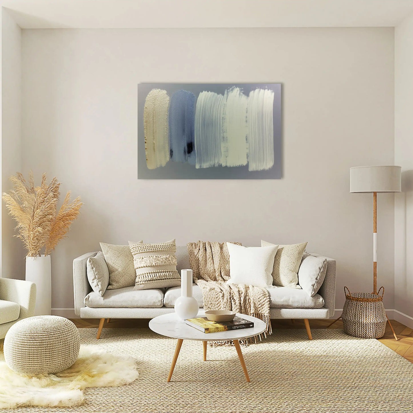 Tableau Minimaliste aux Pinceaux Verticaux – Blanc Crème et Lavande Douce
