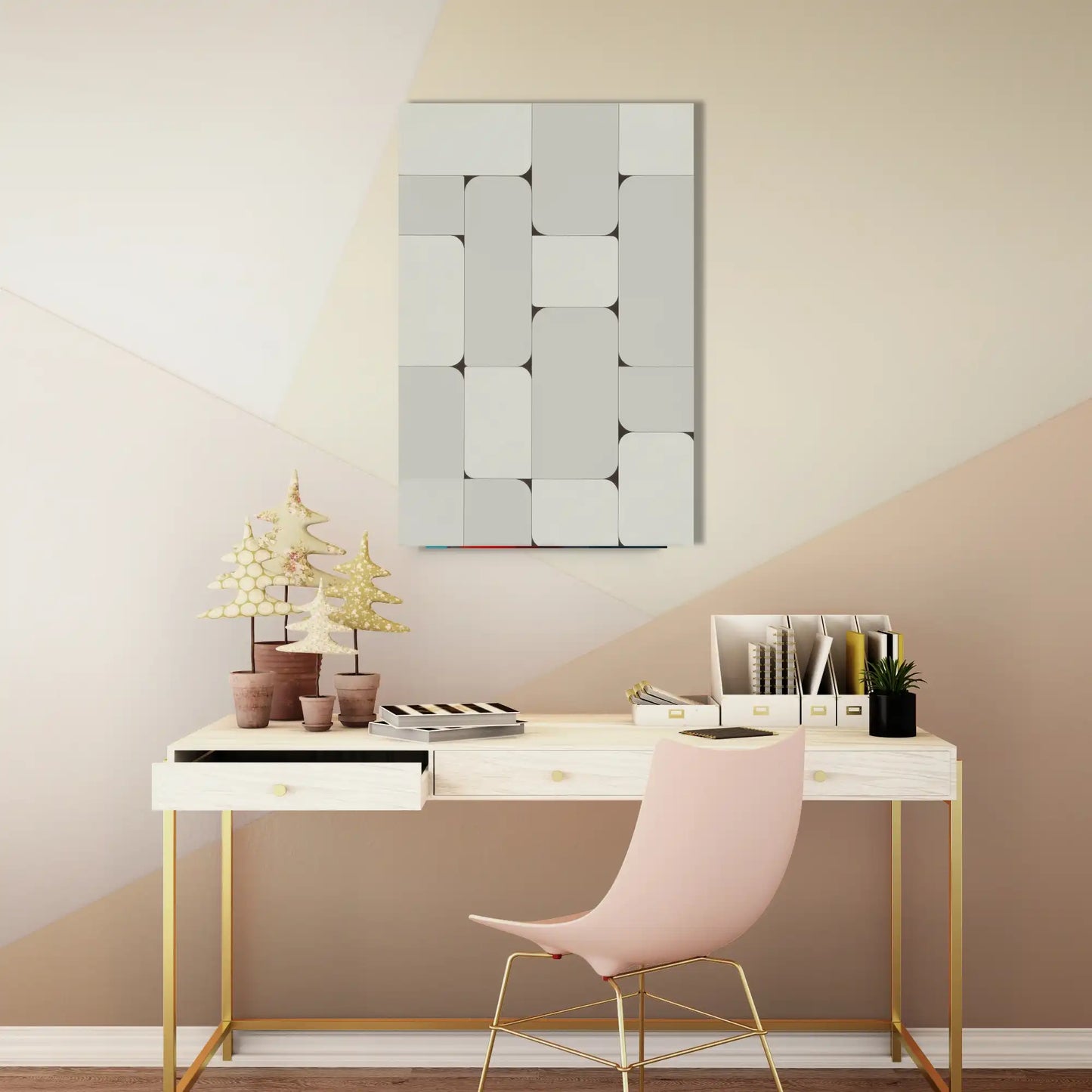 Tableau Motif Modulaire Minimaliste aux Formes Arrondies - Esprit Mid-Century