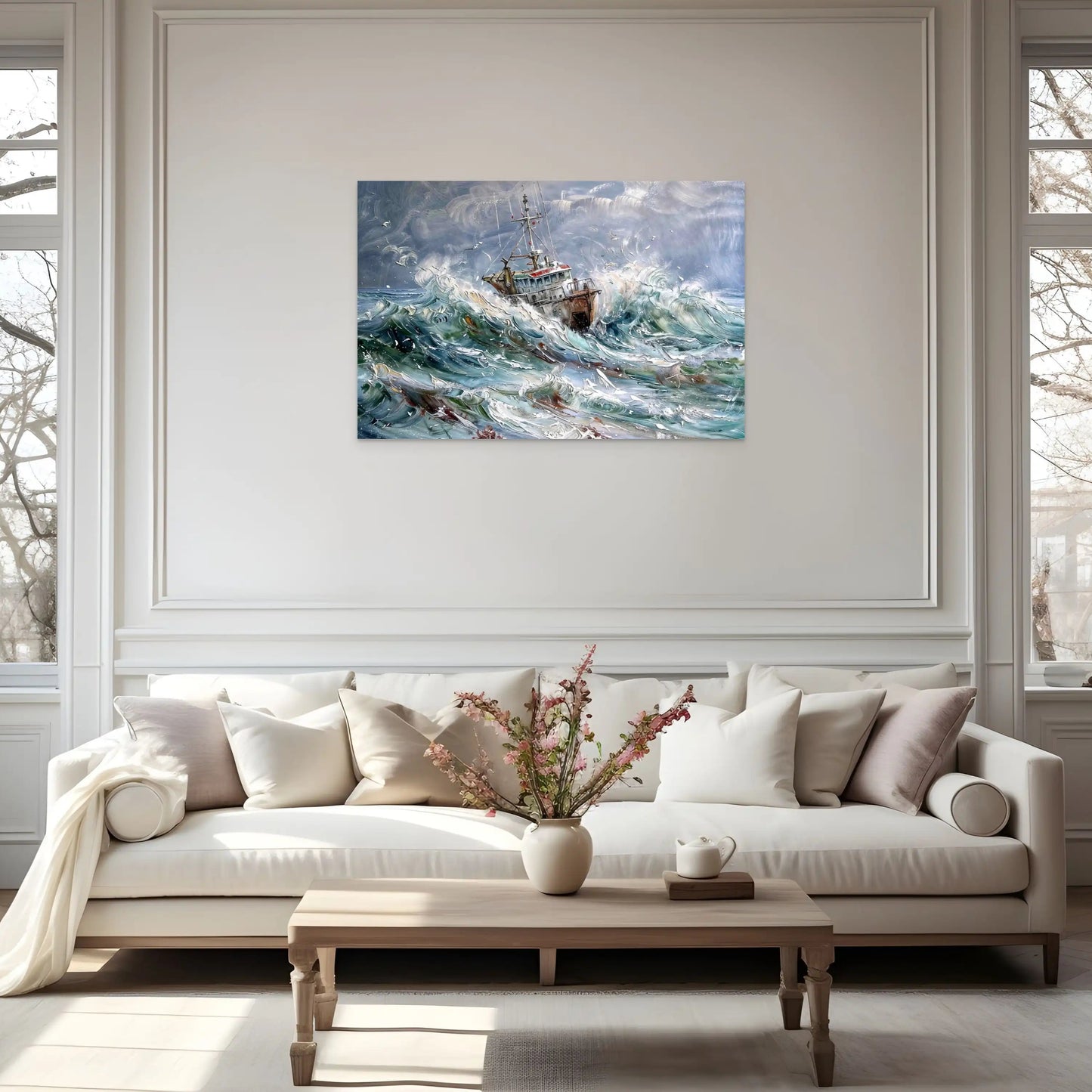 petit bateau tableau moderne bleu mer turbulente scène de tempête zoom sur toile texture premium