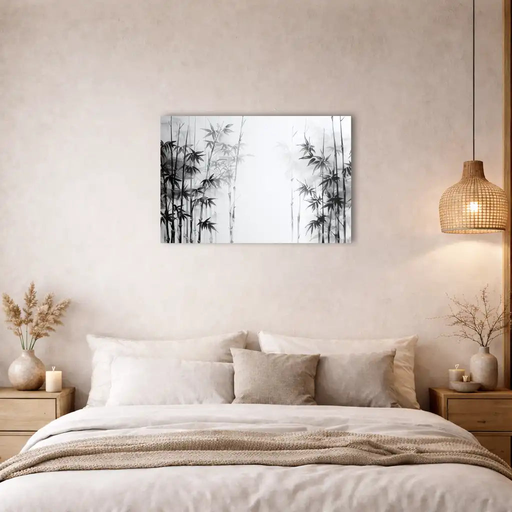 Tableau Peinture Blanc et Bambou