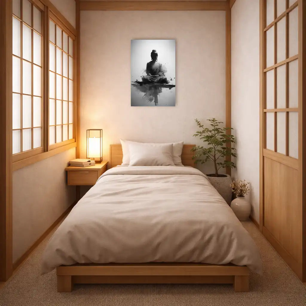 japonais tableau bouddha sumi-e noir et blanc zoom détail toile texture lin chambre zen