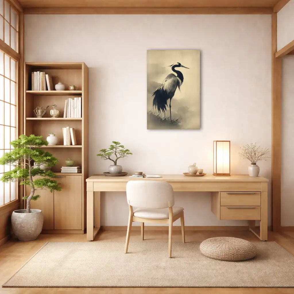 Sumi-e Kranich – Himmlische Anmut und symbolische Langlebigkeit – Leinwand