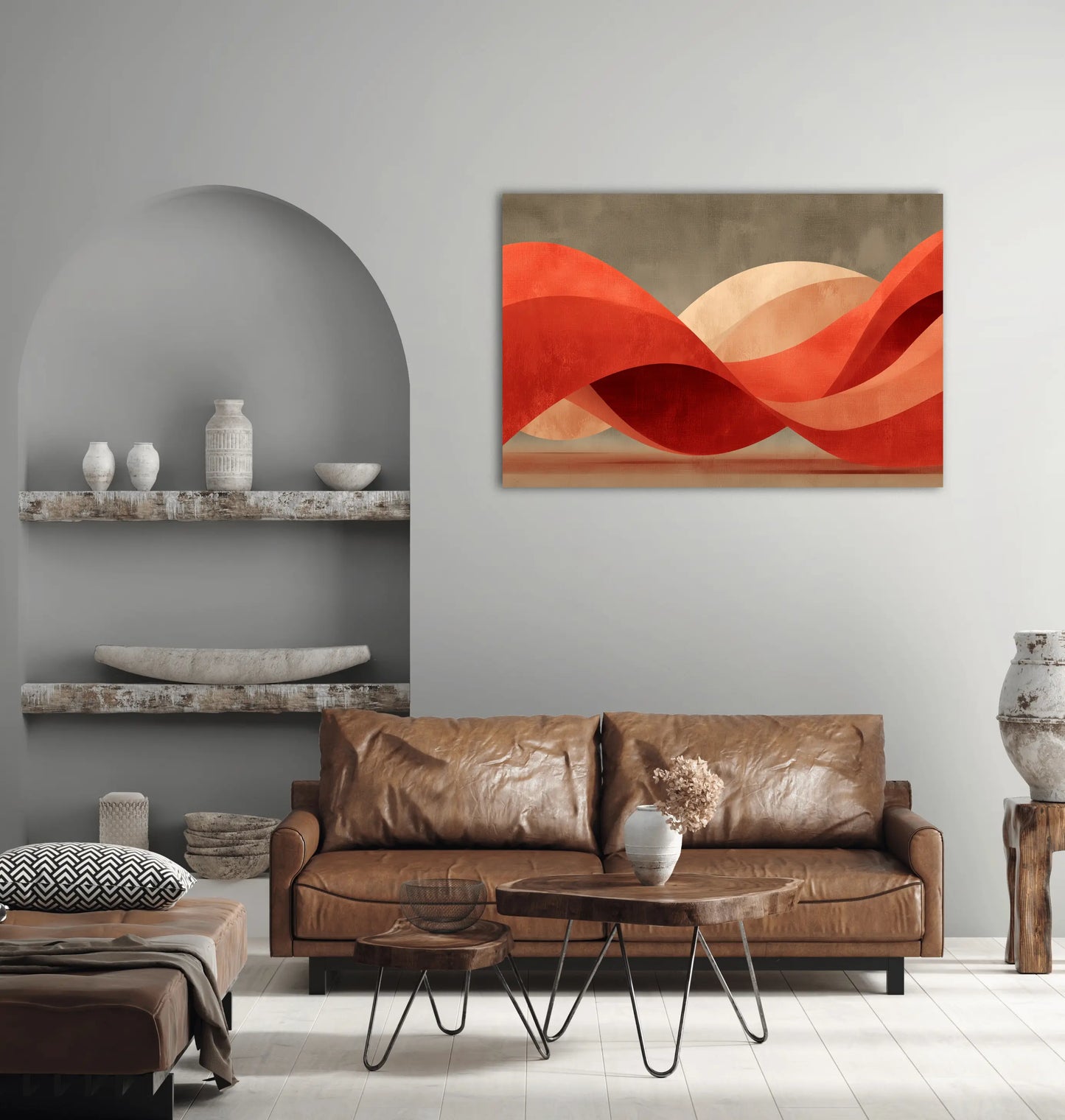 Tableau Vagues des Collines Terracotta – Ondulations carmin sur ciel minéral