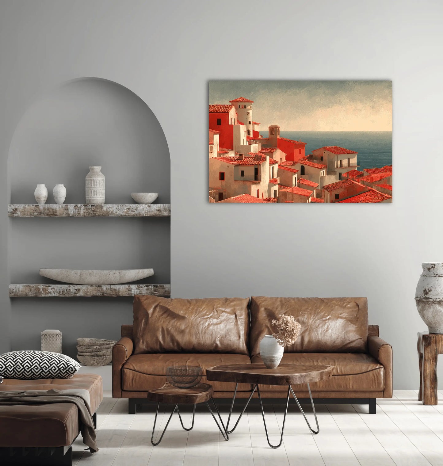 Tableau Village Mediterraneen aux Toits de Terre Cuite