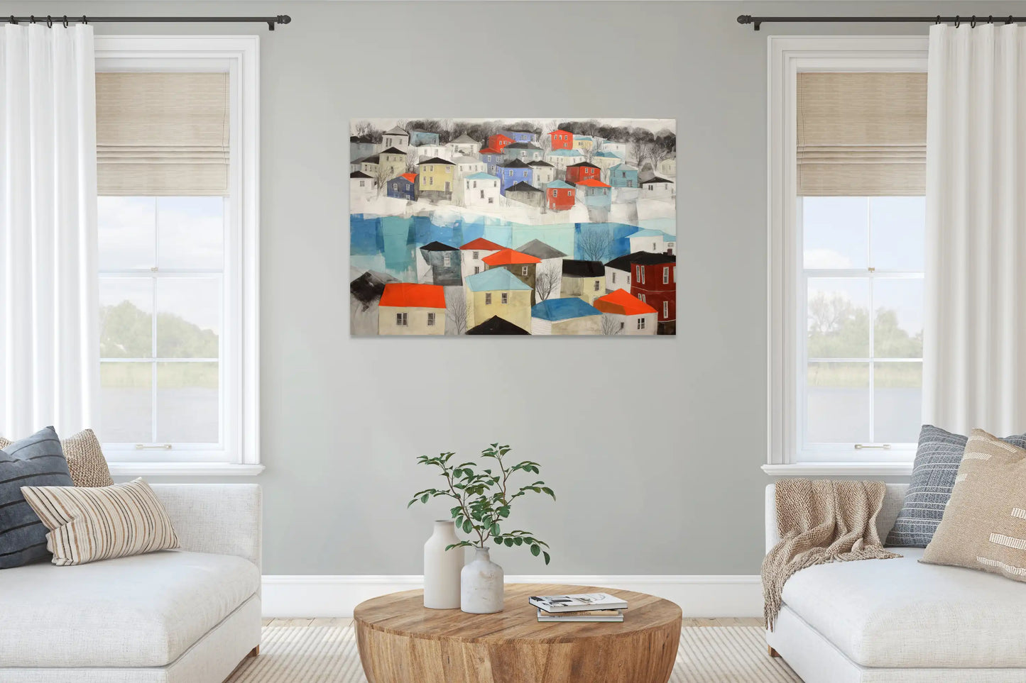 Wandbild Nebliges Skandinavisches Dorf – Feuerdächer im Azurblau-Dunst