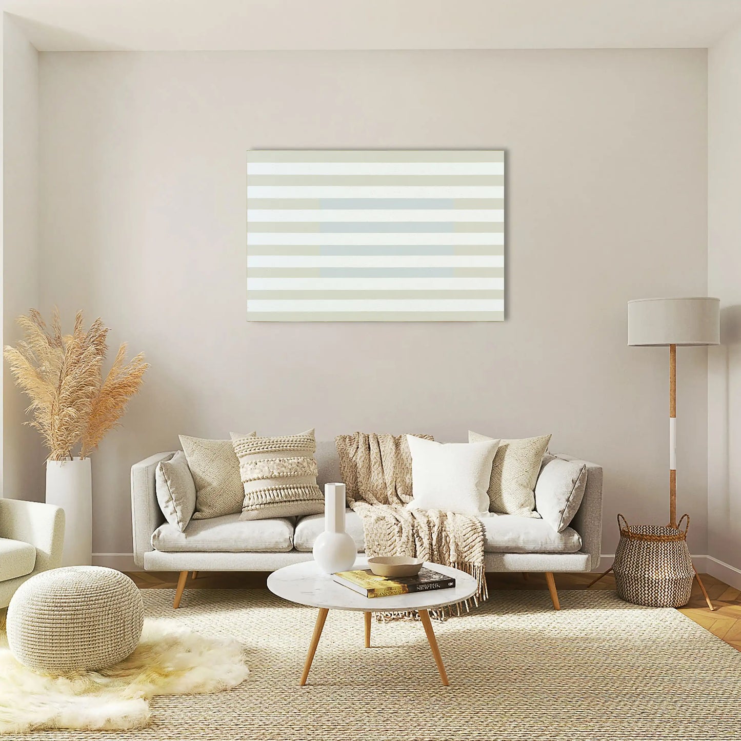 Toile Minimaliste à Bandes Horizontales Beige et Bleu Pale