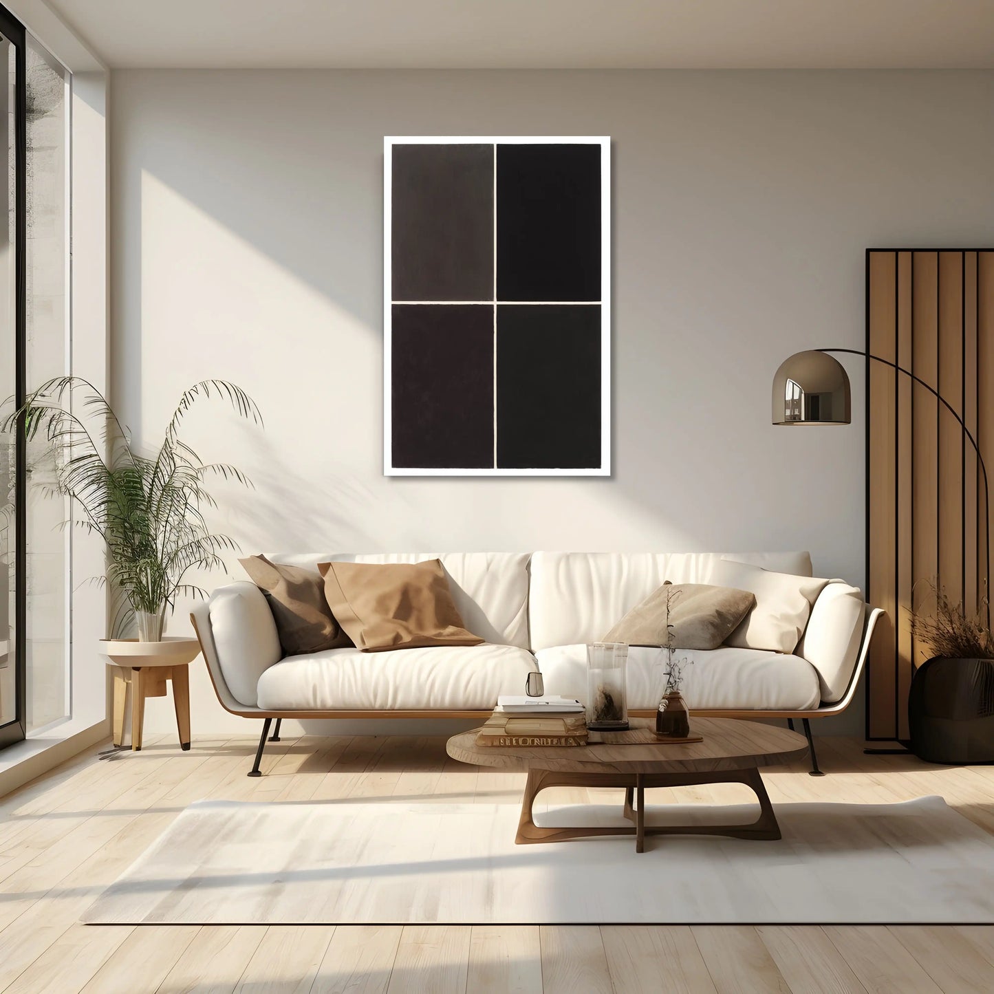 Toile Minimaliste à Quadrants Noirs et Gris Profonds