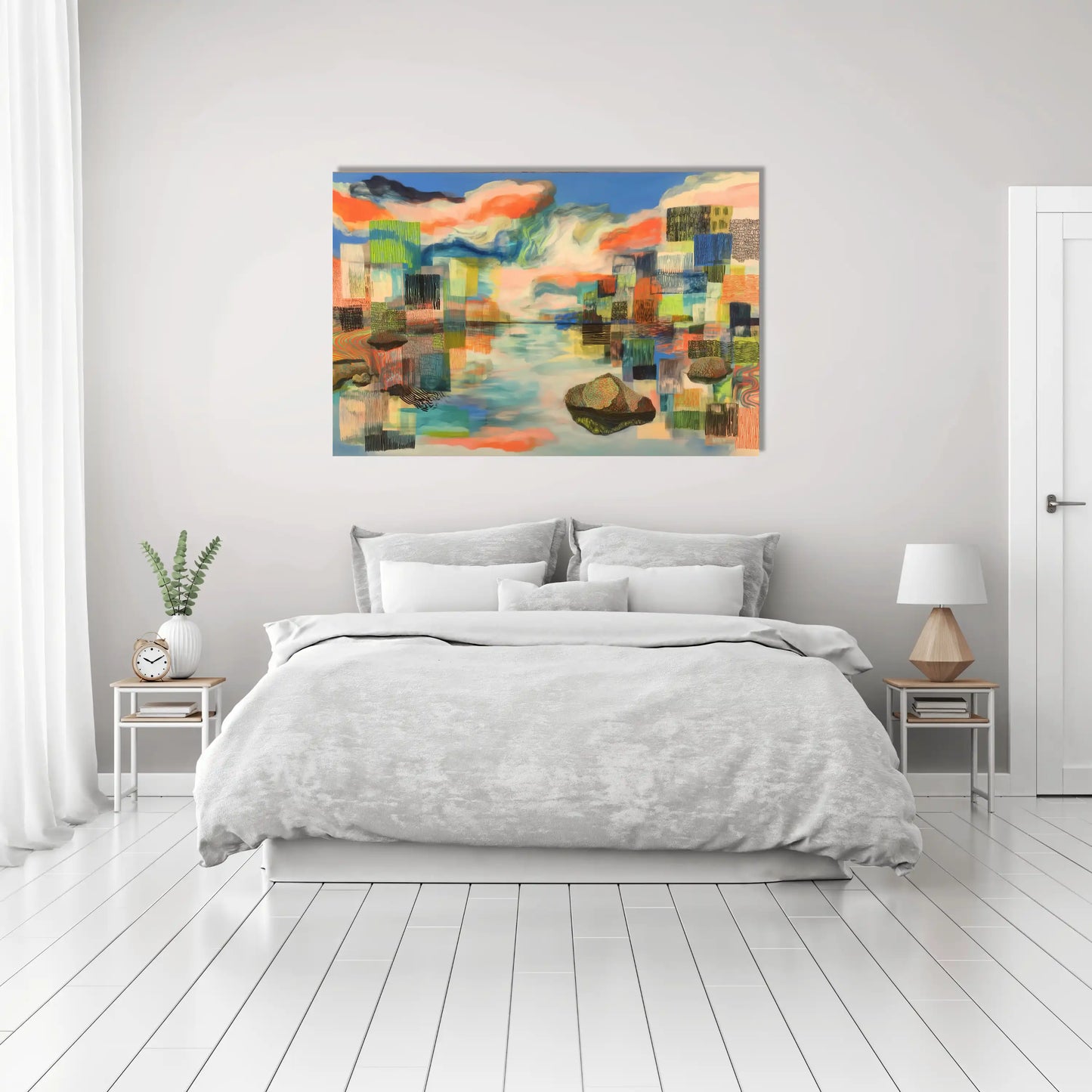Toile boréale onirique – Rêverie d’îlots et nuages corail