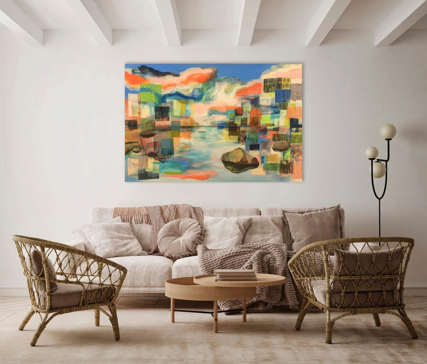 Toile boréale onirique – Rêverie d’îlots et nuages corail
