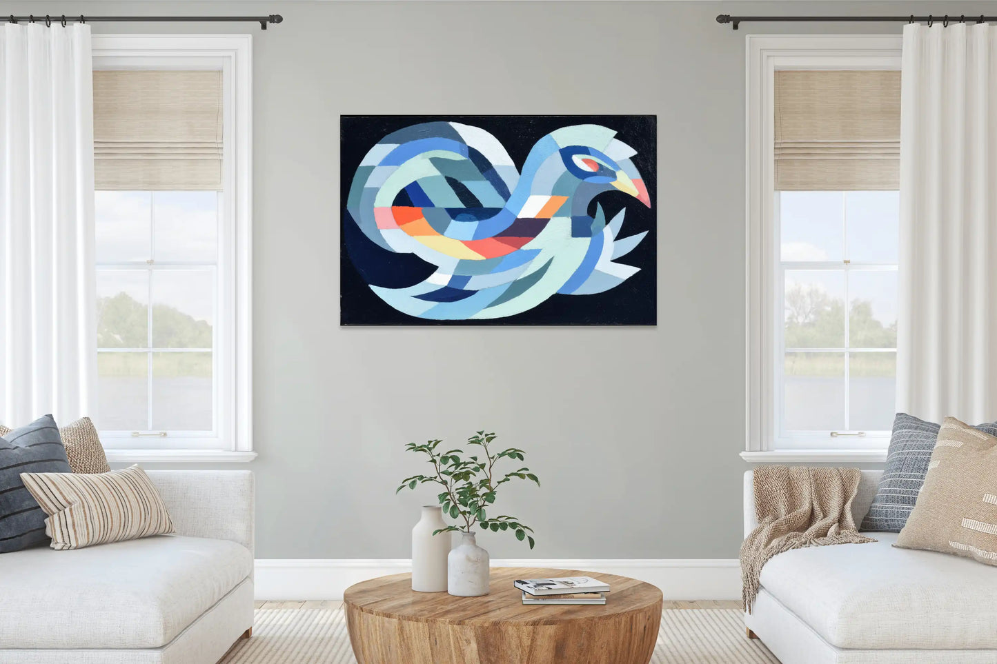 Toile Scandinave Oiseau – Vol géométrique sur nuit d’encre