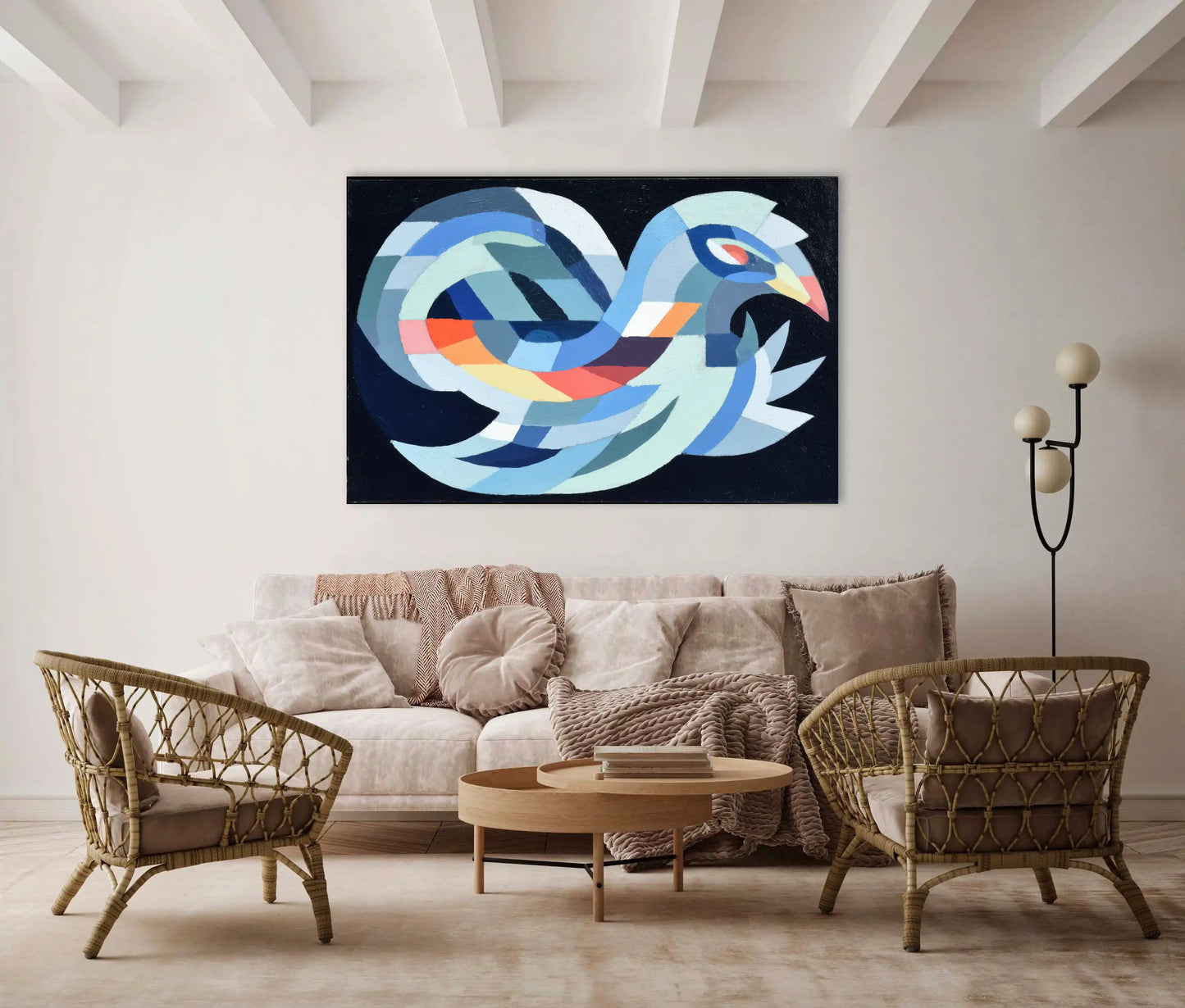 Toile Scandinave Oiseau – Vol géométrique sur nuit d’encre