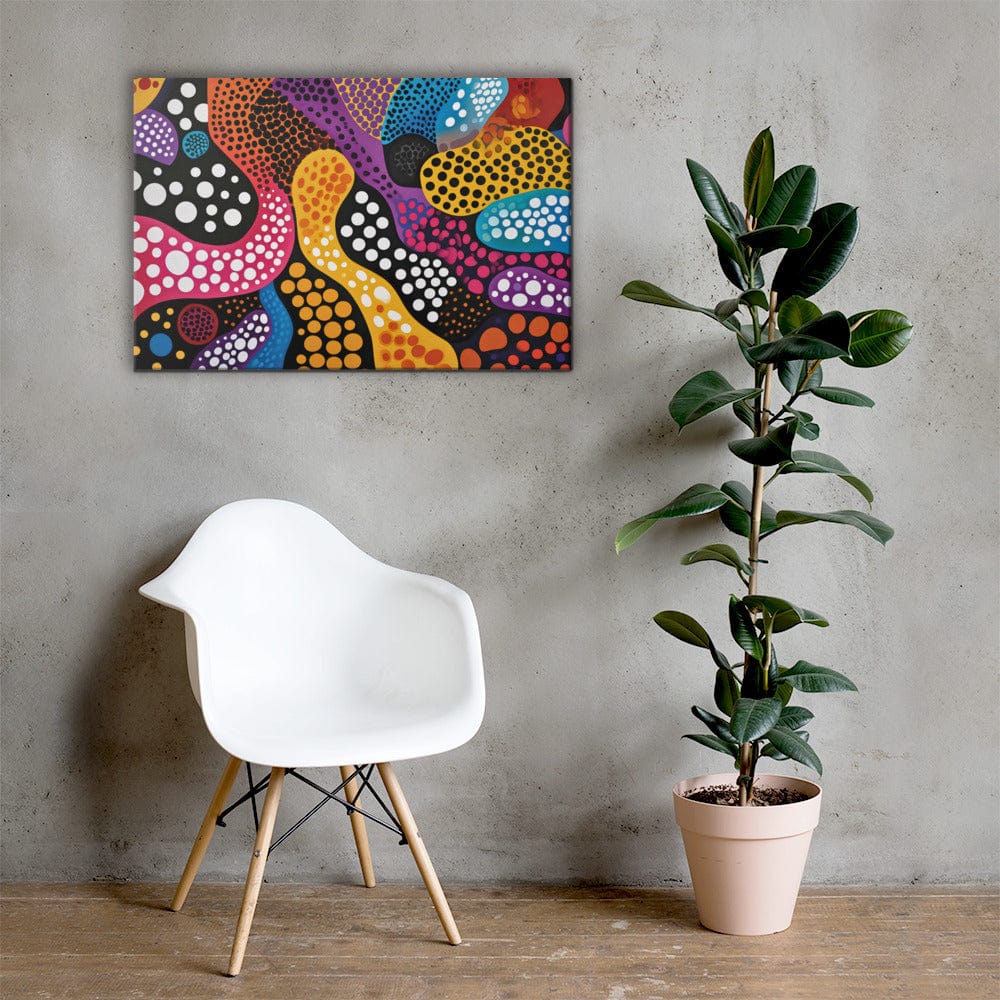 tableau abstrait coloré détail de toile texture visible points multicolores et courbes organiques ambiance intérieure