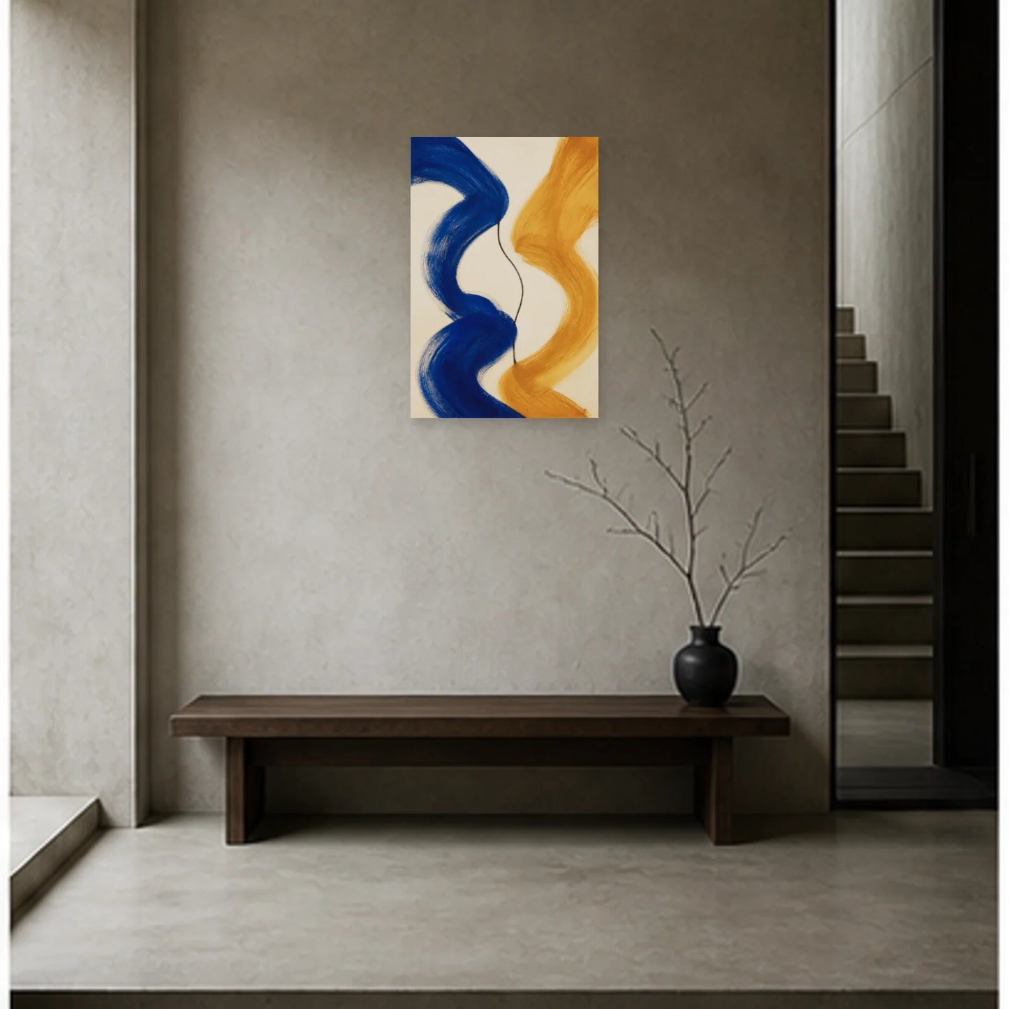 Affiche abstraite - Cobalt et ocre dans une entrée ou un couloir - Art Virtuoso