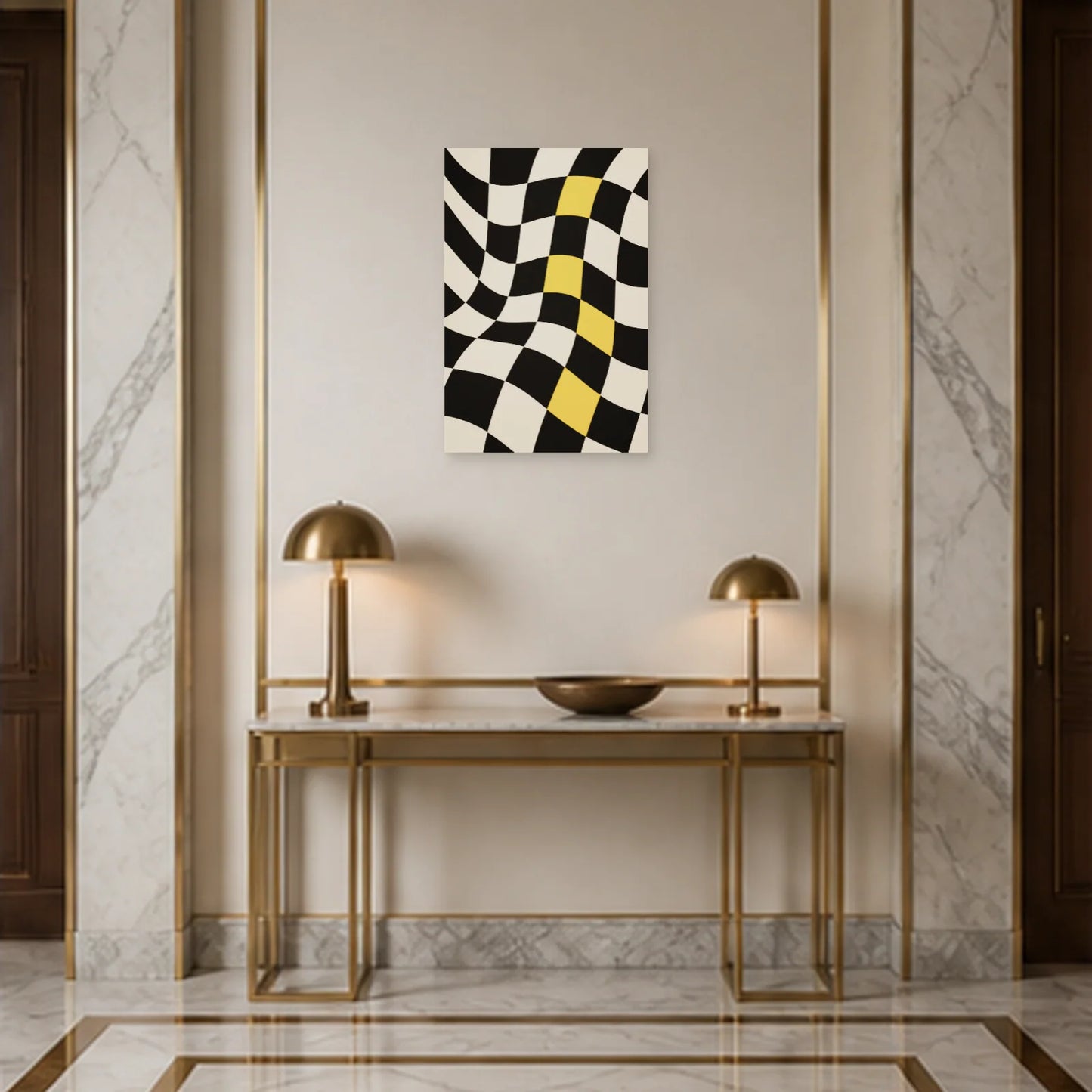 Affiche abstraite - Damier vibrant dans une entrée ou un couloir - Art Virtuoso