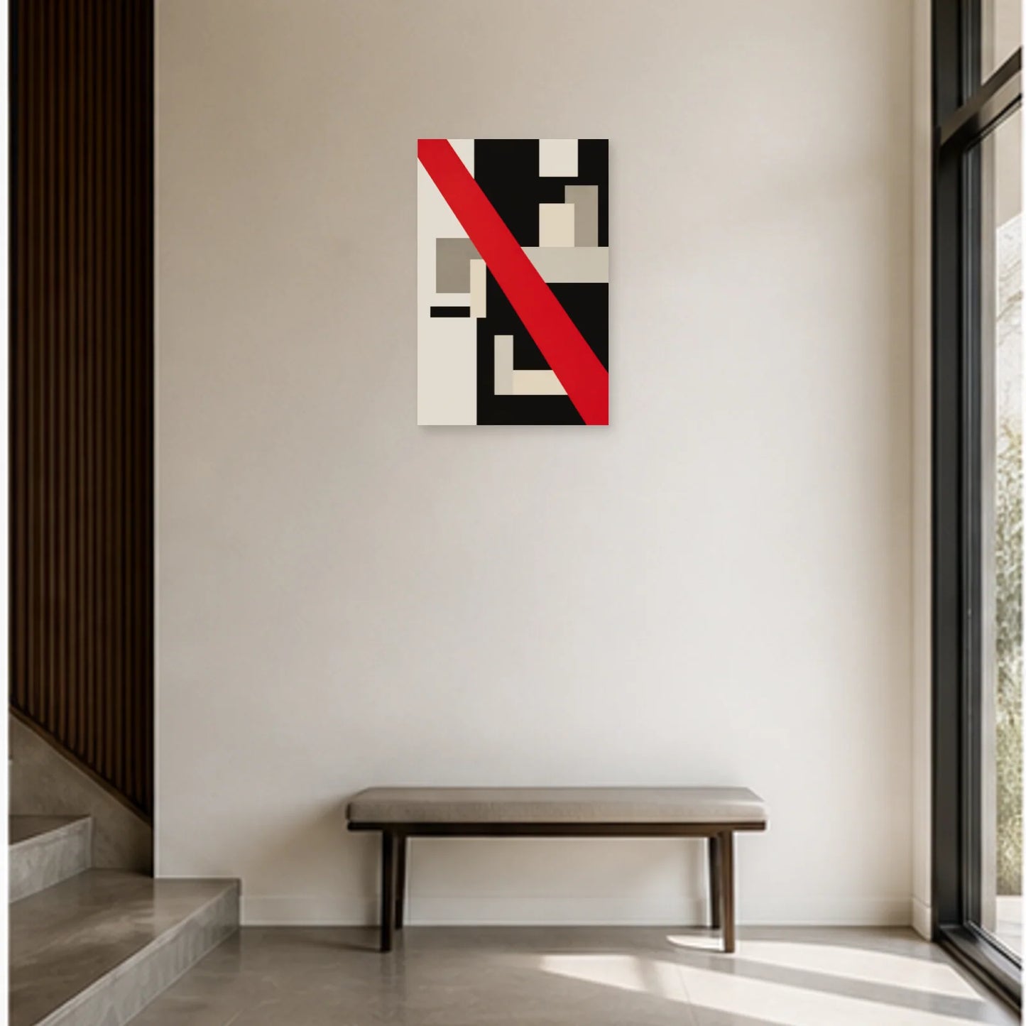 Affiche abstraite - Diagonale rouge dans une entrée ou un couloir - Art Virtuoso