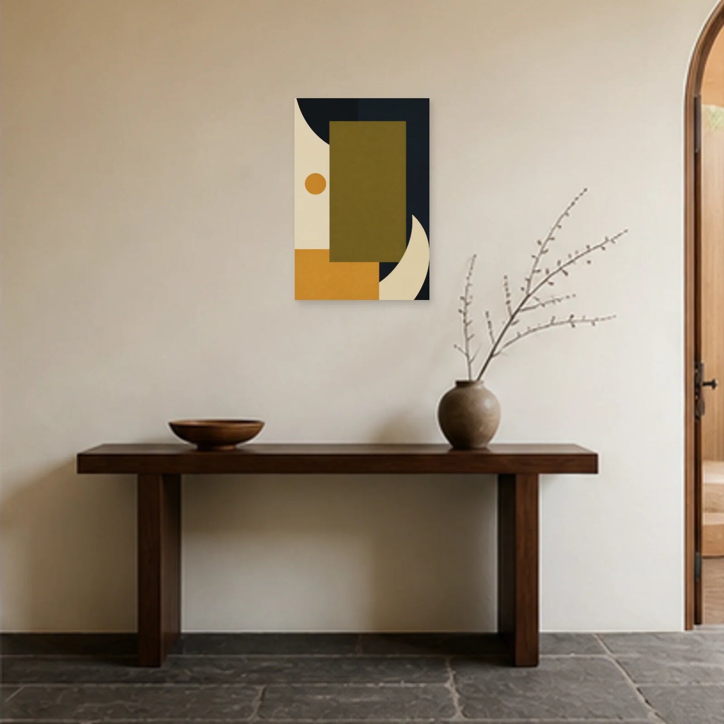 Affiche abstraite - Équilibre olive dans une entrée ou un couloir - Art Virtuoso