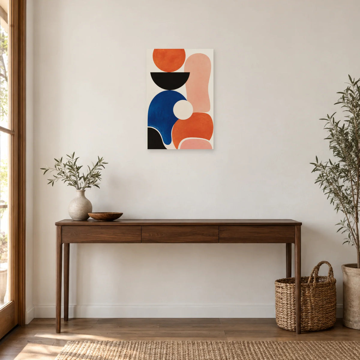 Affiche Abstraction terracotta et bleu cobalt dans une entrée ou un couloir - Art Virtuoso