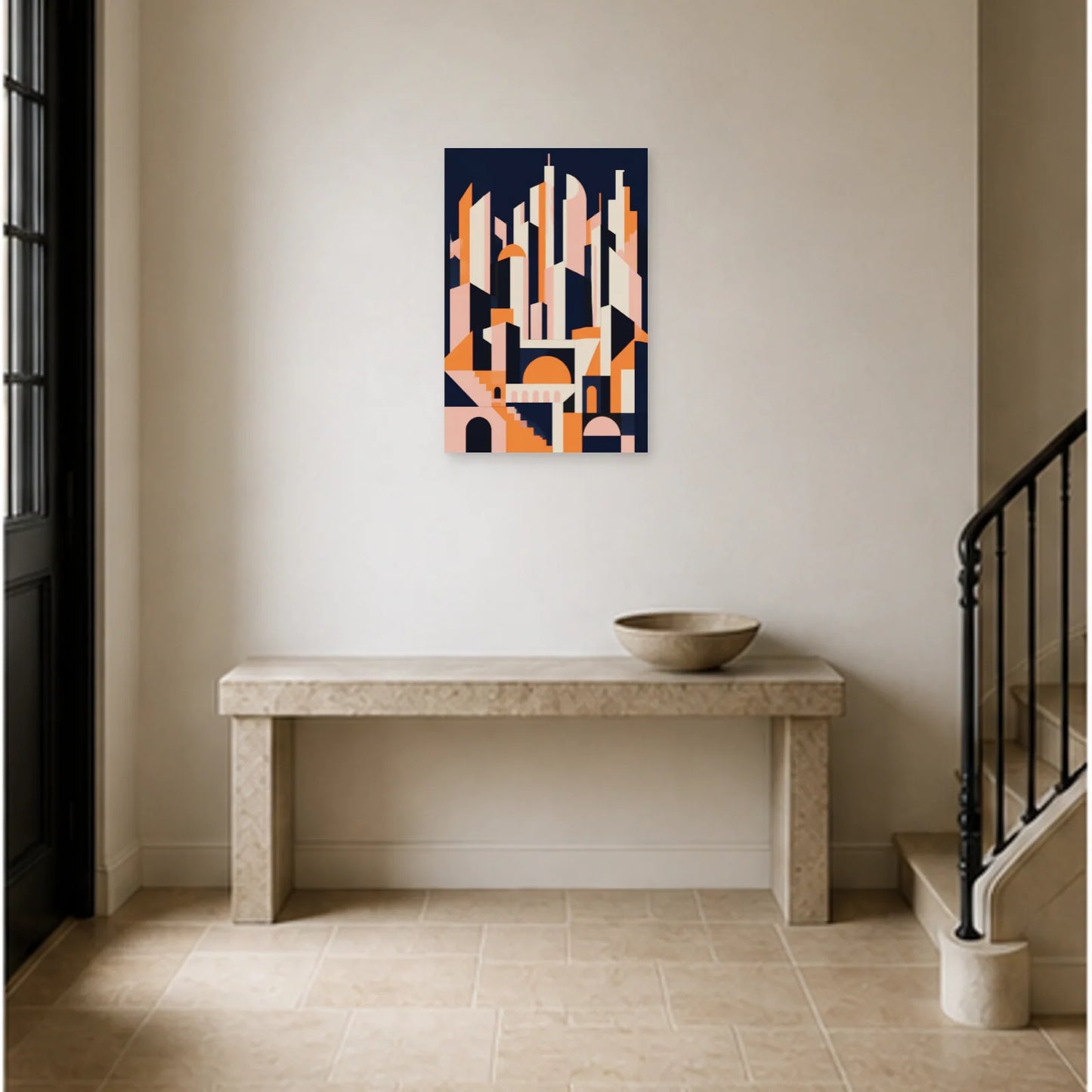 Affiche abstraite - Ville géométrique dans une entrée ou un couloir - Art Virtuoso