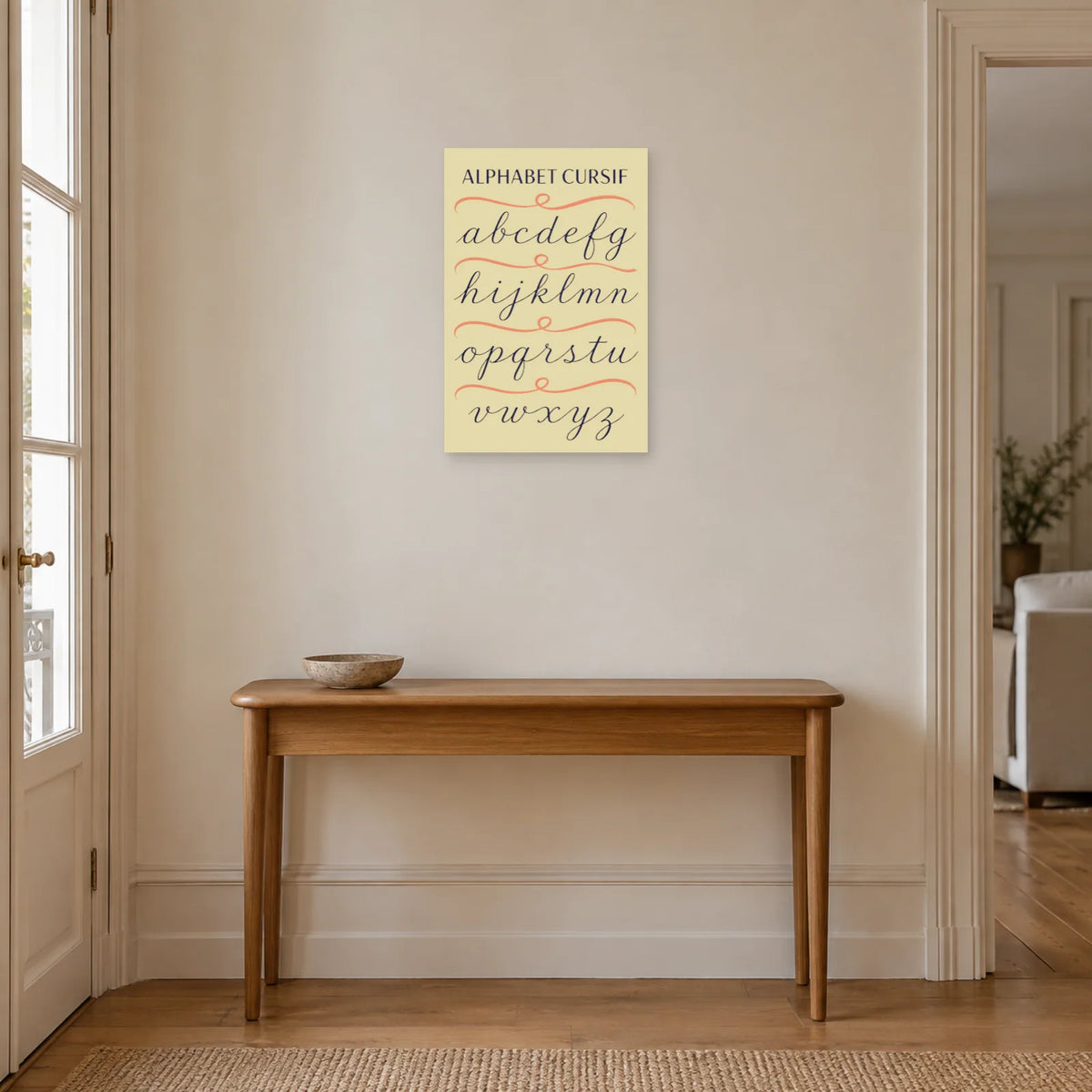 Affiche Alphabet cursif, ligne indigo dans une entrée ou un couloir - Art Virtuoso