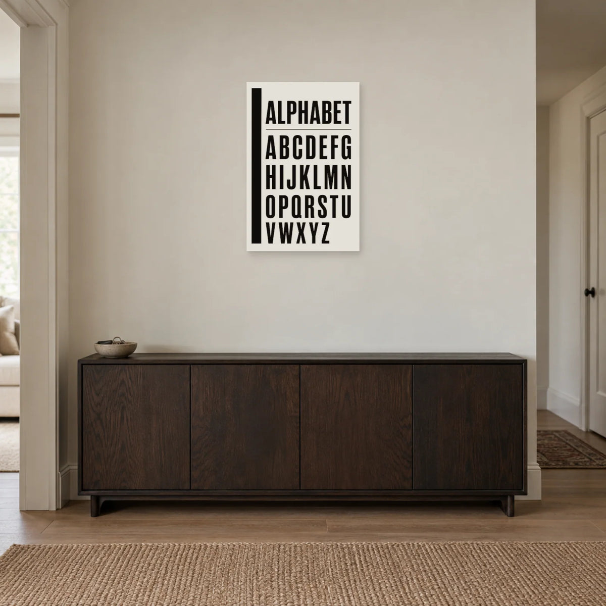 Affiche Alphabet noir et blanc, grille suisse dans une entrée ou un couloir - Art Virtuoso