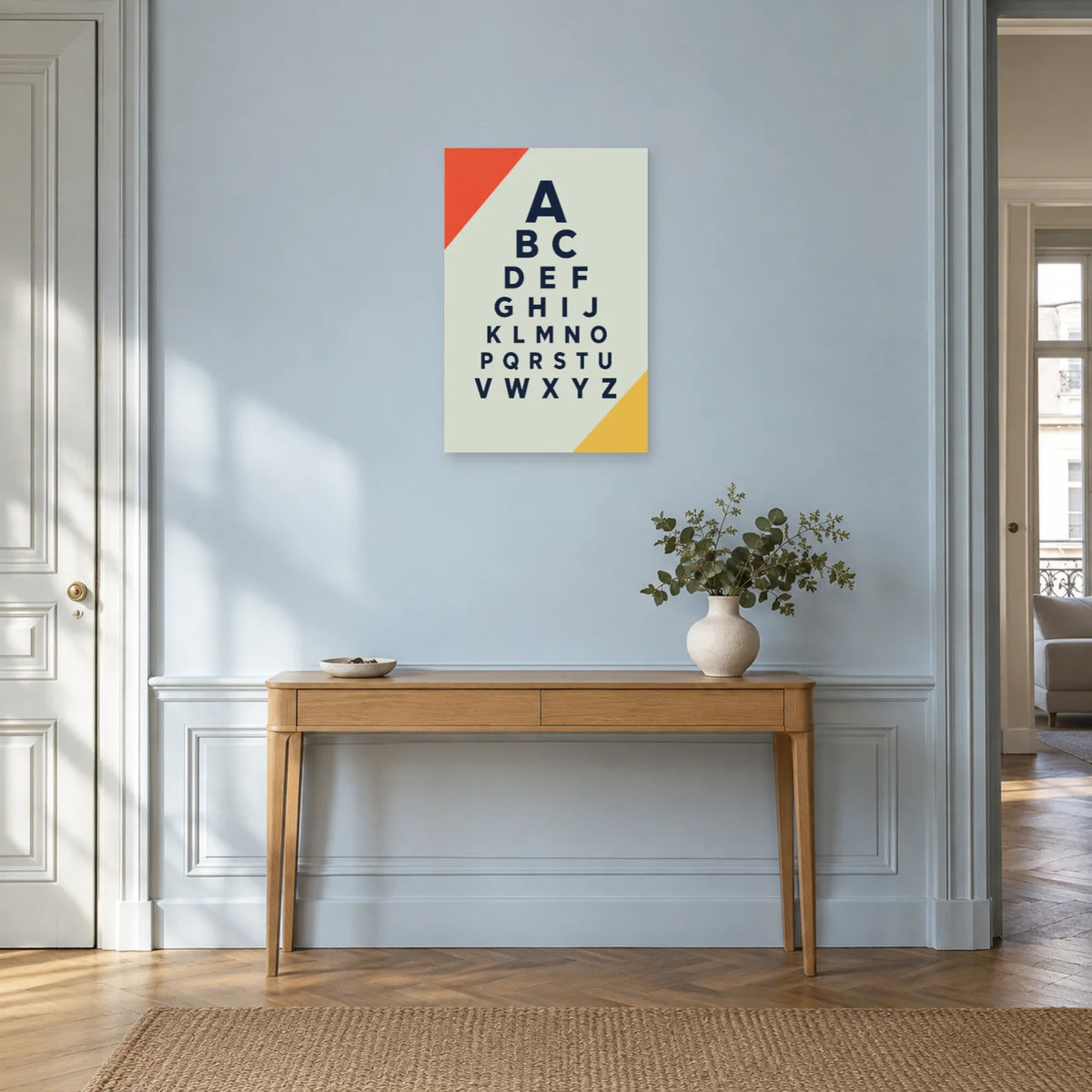 Affiche Alphabet optométrique, pyramide des lettres dans une entrée ou un couloir - Art Virtuoso