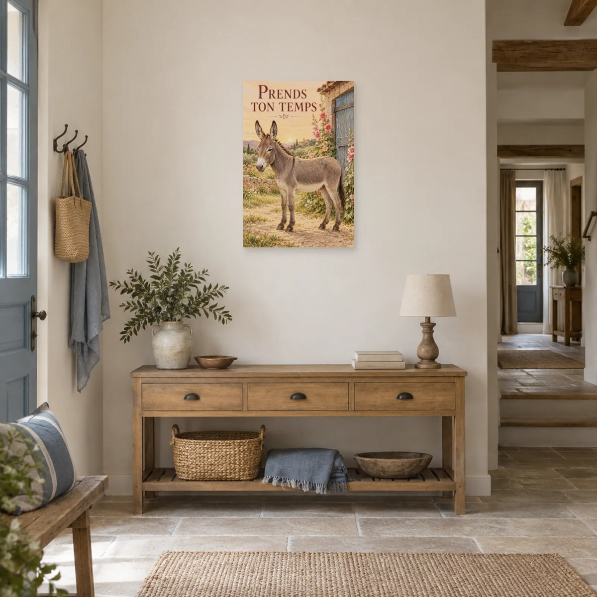 Affiche Âne - Prends ton temps dans une entrée ou un couloir - Art Virtuoso