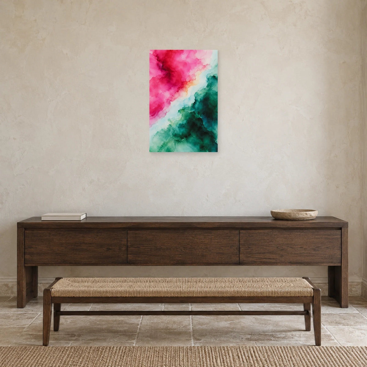 Affiche Aquarelle Abstraite fuchsia et pétrole dans une entrée ou un couloir - Art Virtuoso