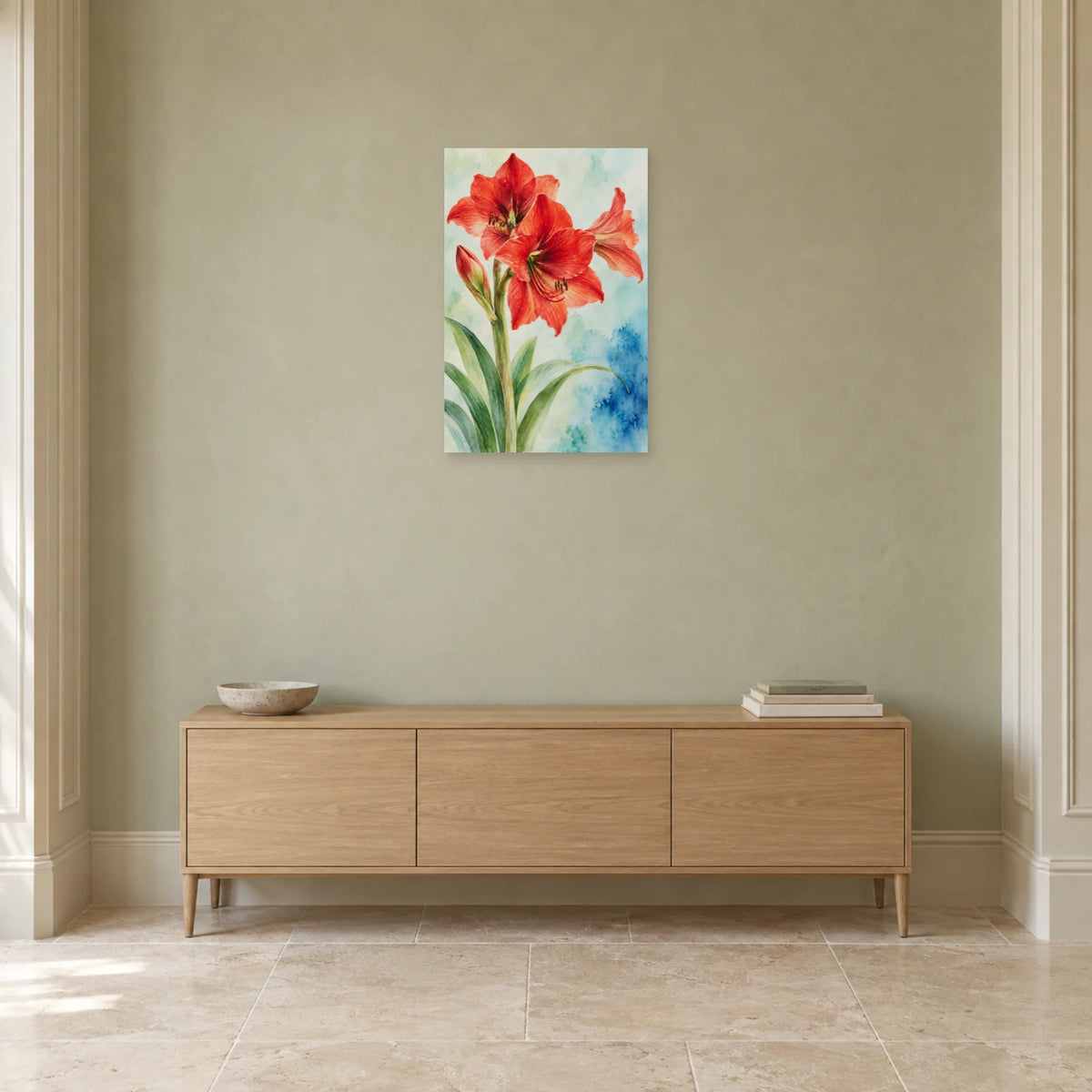 Affiche Aquarelle Amaryllis vermilion dans une entrée ou un couloir - Art Virtuoso