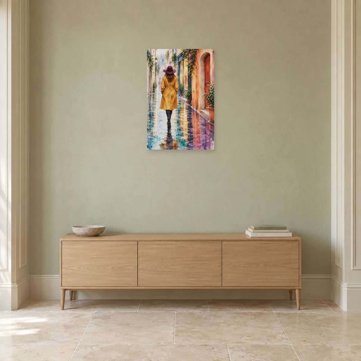 Affiche Aquarelle Femme au chapeau sous l'averse dans une entrée ou un couloir - Art Virtuoso